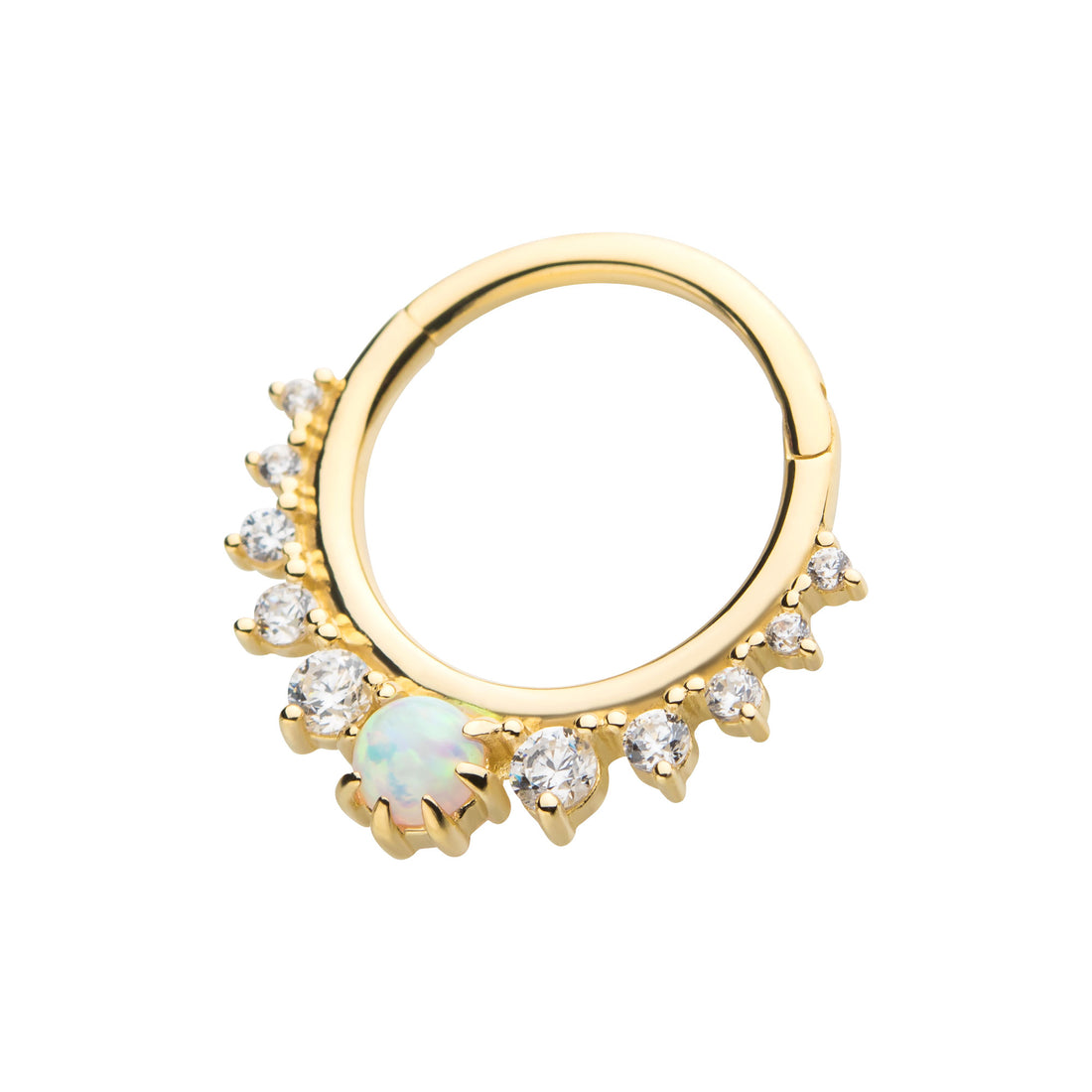 14kt Yellow Gold Prong Clear CZ & White Synthetic Opal Front Facing Hinged Segment Clicker