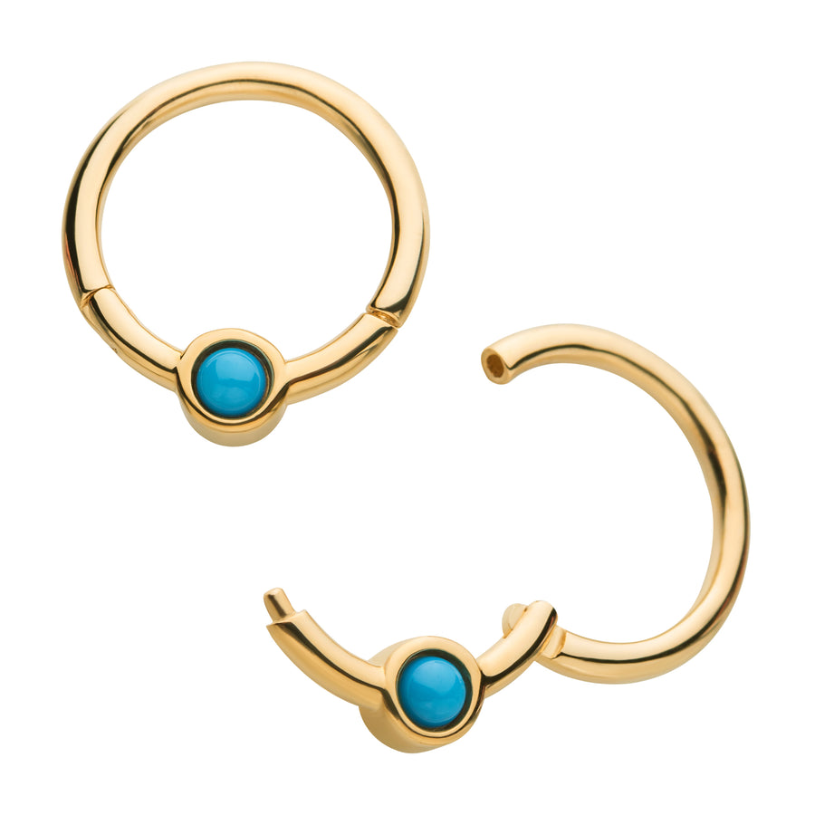 14kt Yellow Gold Frontal Synthetic Turquoise & Back White Enamel Front Facing Hinged Segment Clicker