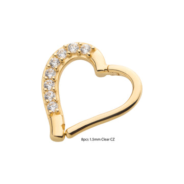 14kt Gold Prong Clear CZ Heart Front Facing Hinged Segment Clicker (For Right Ear)