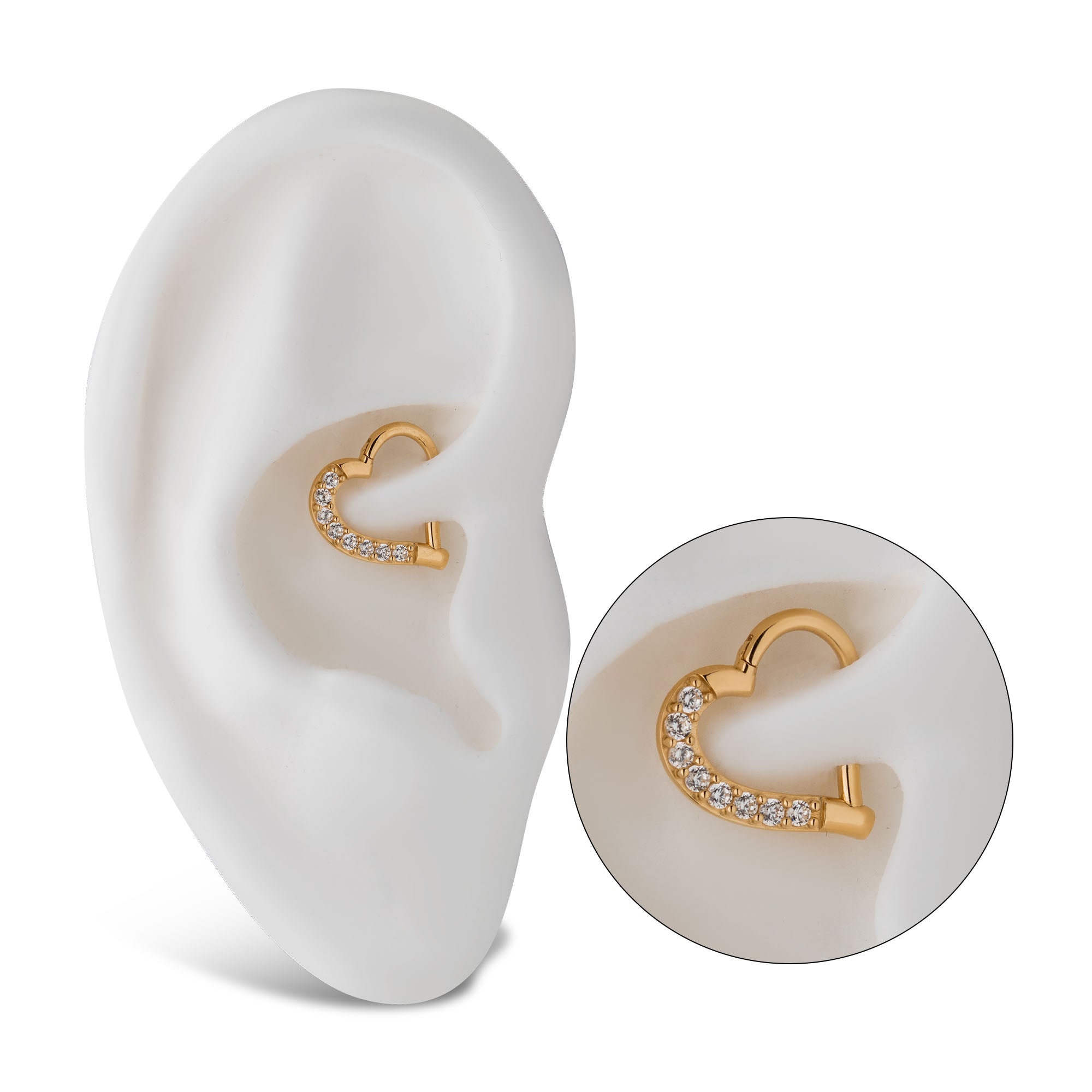14kt Gold Prong Clear CZ Heart Front Facing Hinged Segment Clicker (For Right Ear)