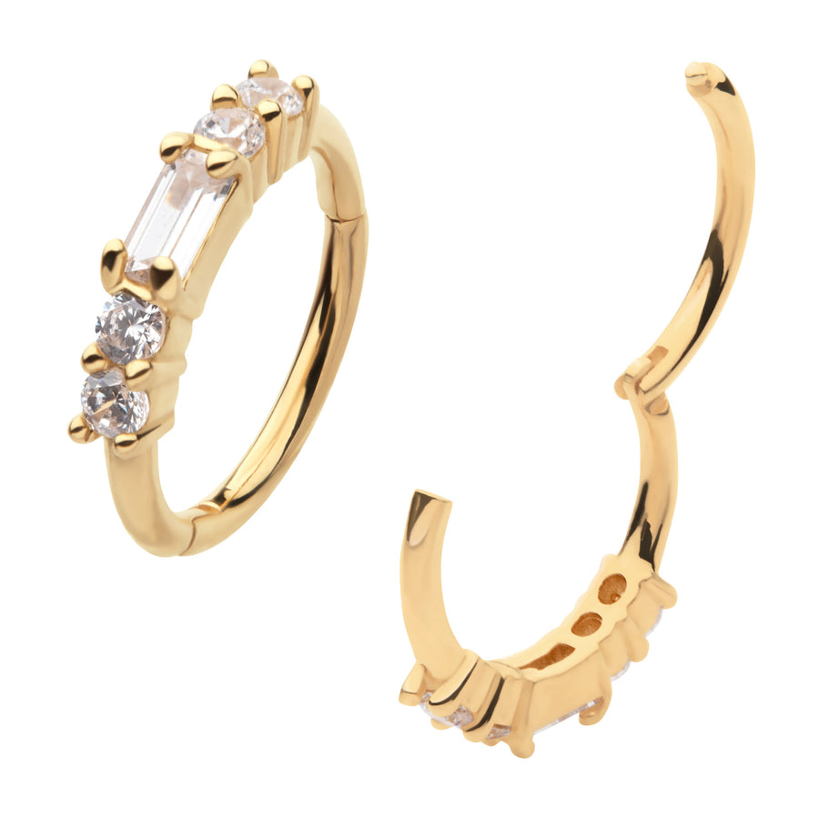 14kt Yellow GoldCluster Prong Baguette & Round Clear CZ Side Facing Hinged Segment Clicker