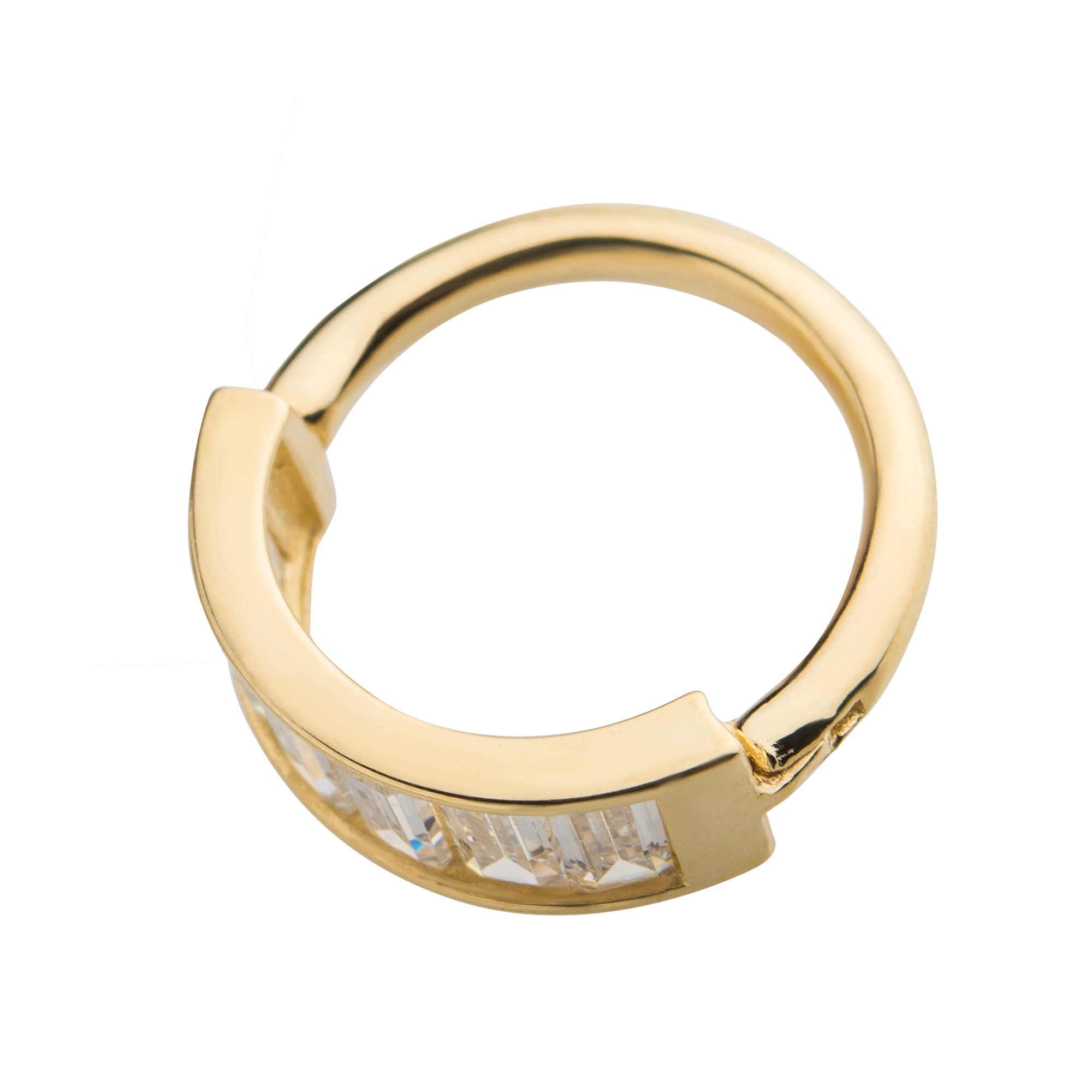 14kt Gold Baguette Clear CZ Side Facing Hinged Segment Clicker