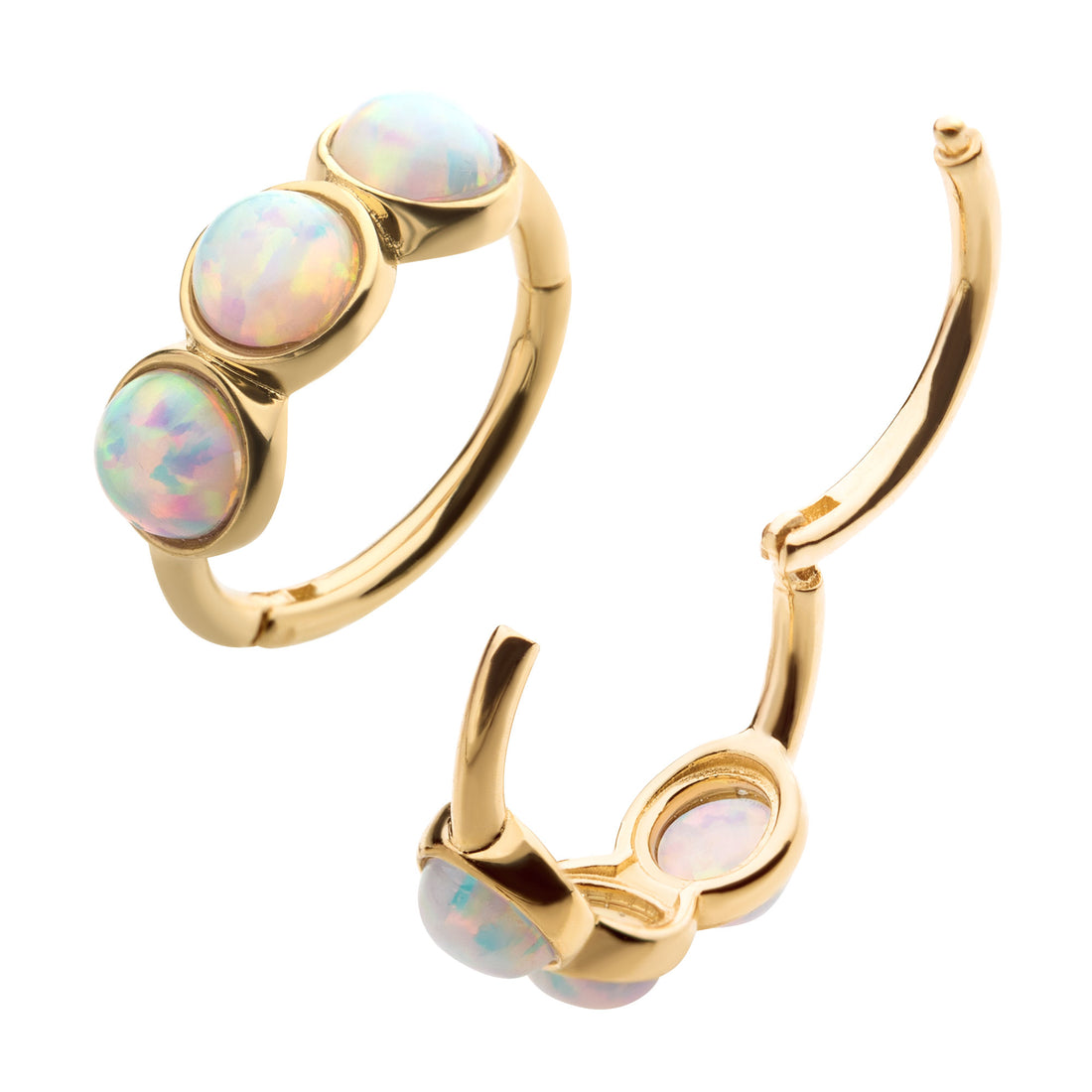 14kt Gold Clustered White Synthetic Opal Side Facing Hinged Segment Clicker