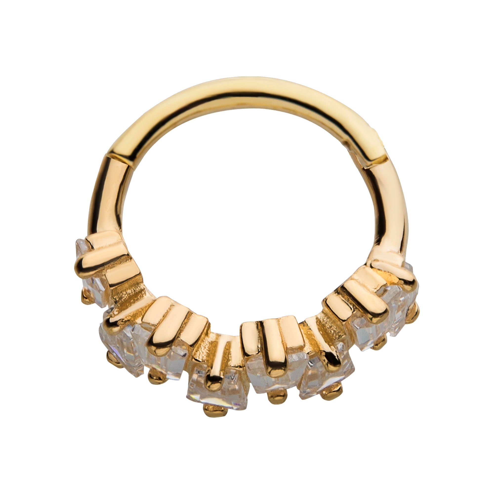 14Kt Yellow Gold with Prong Set 8pcs Tapered Baguette Clear CZ Cluster Side Facing Hinged Segment Clicker