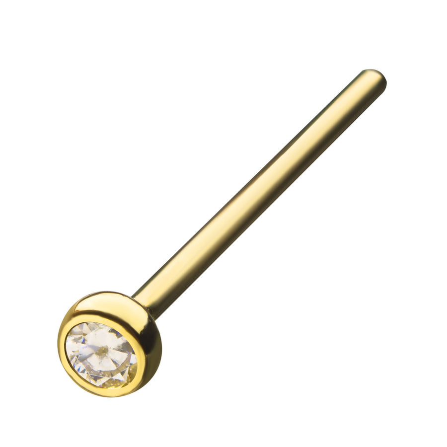 14Kt Yellow Gold Nose Pin with 2mm Bezel Set Clear CZ on Top