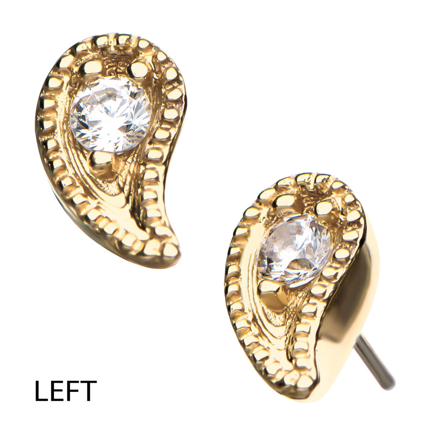 14kt Yellow Gold Threadless Round Clear CZ Paisley Pattern Top (Left)