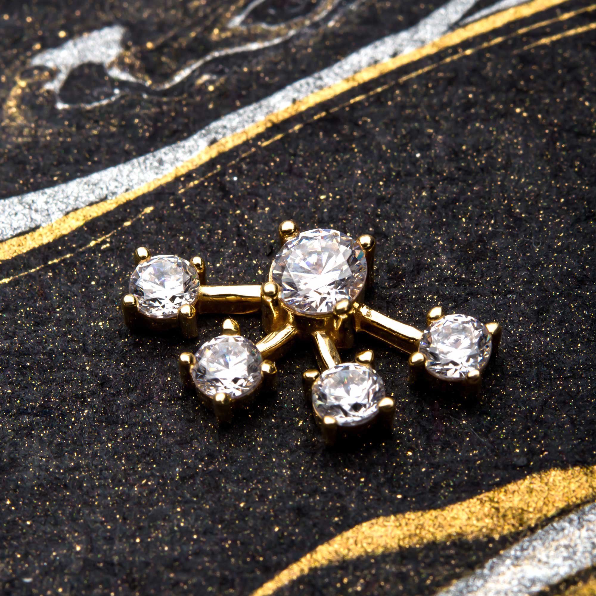 14kt Yellow Gold Supernova Star Constellation Threadless Top 4mm Middle Clear CZ Gem and Four 3.5mm Bursting Clear CZ Gems