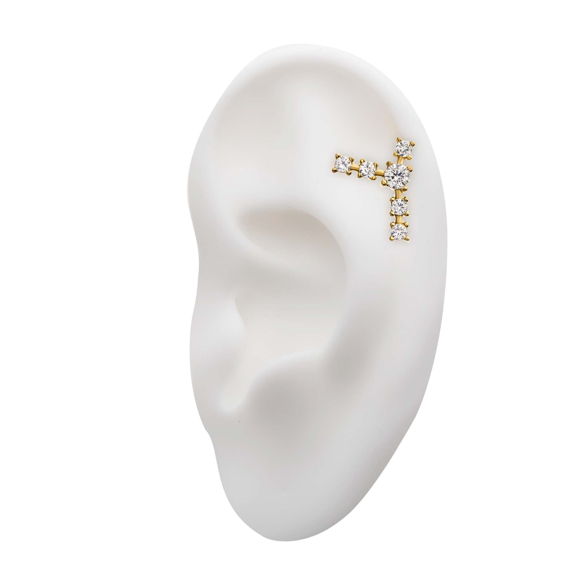 14kt Yellow Gold Capricorn Constellation Threadless Top Center Clear CZ Gem and Five Clear CZ Side Gems