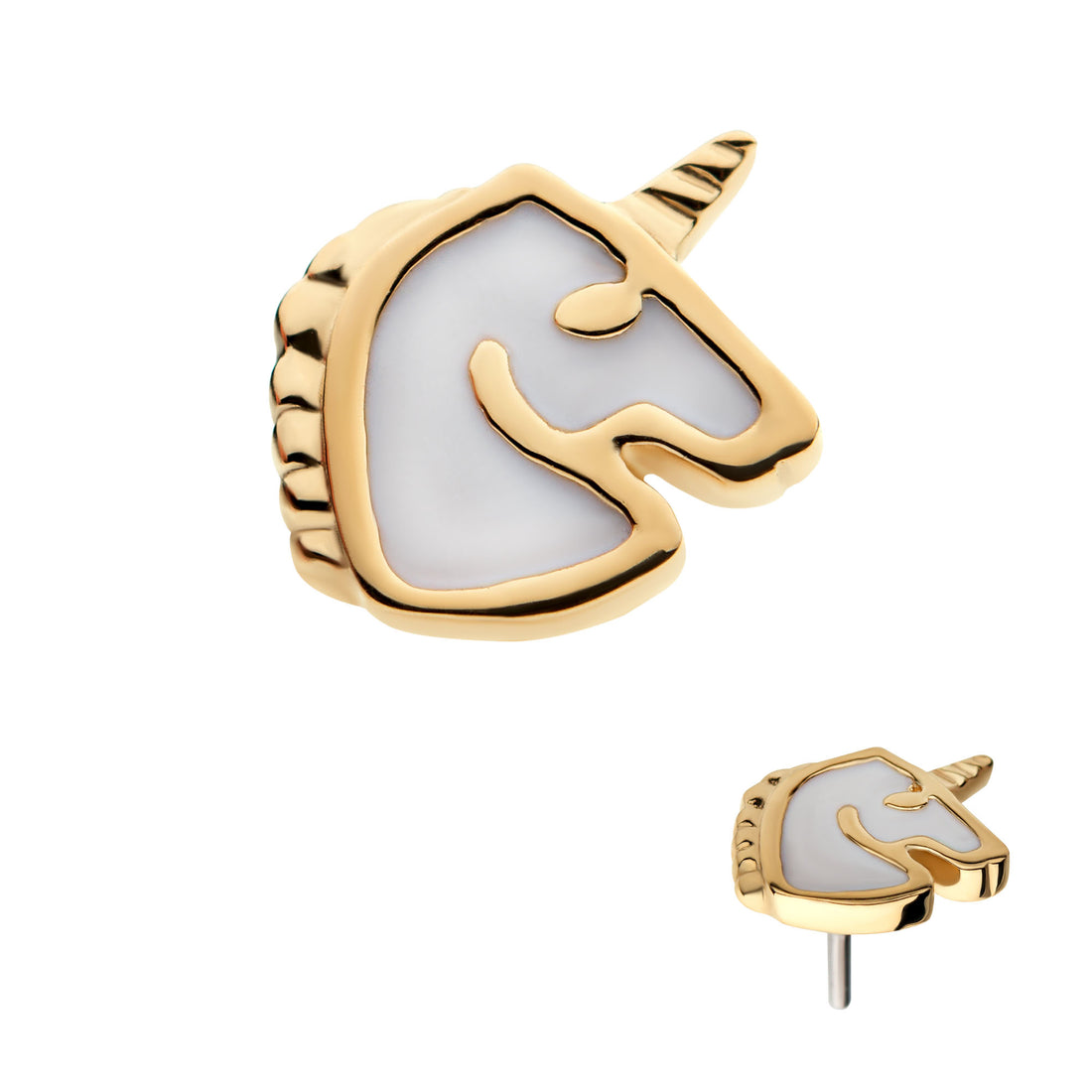 14Kt Yellow Gold Threadless with White Enamel Unicorn Top