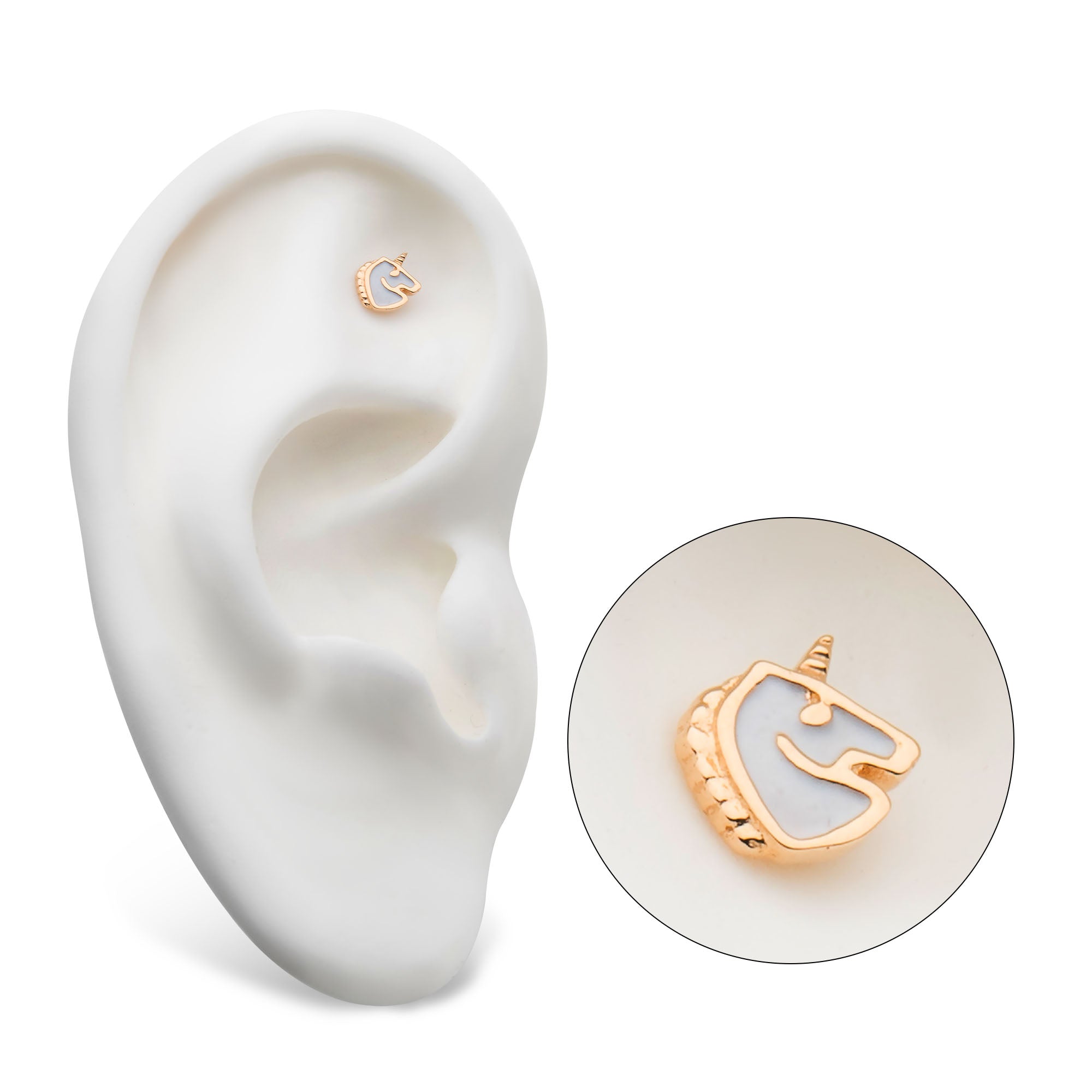 14kt Yellow Gold Threadless White Enamel Unicorn Top