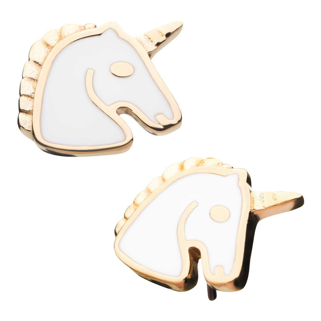 14Kt Yellow Gold Threadless with White Enamel Unicorn Top