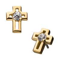 14Kt Yellow Gold Threadless with Clear Gem Cut Out Cross Top