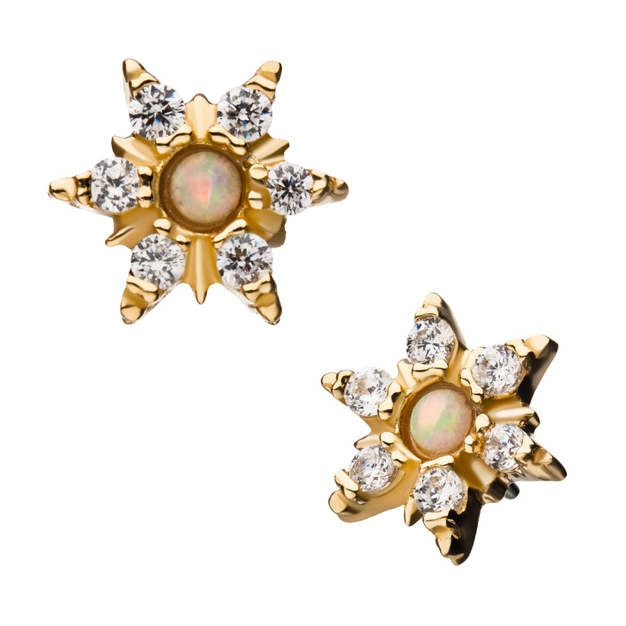 14kt Yellow Gold Threadless Clear CZ and White Synthetic Opal 6-Point Star Top