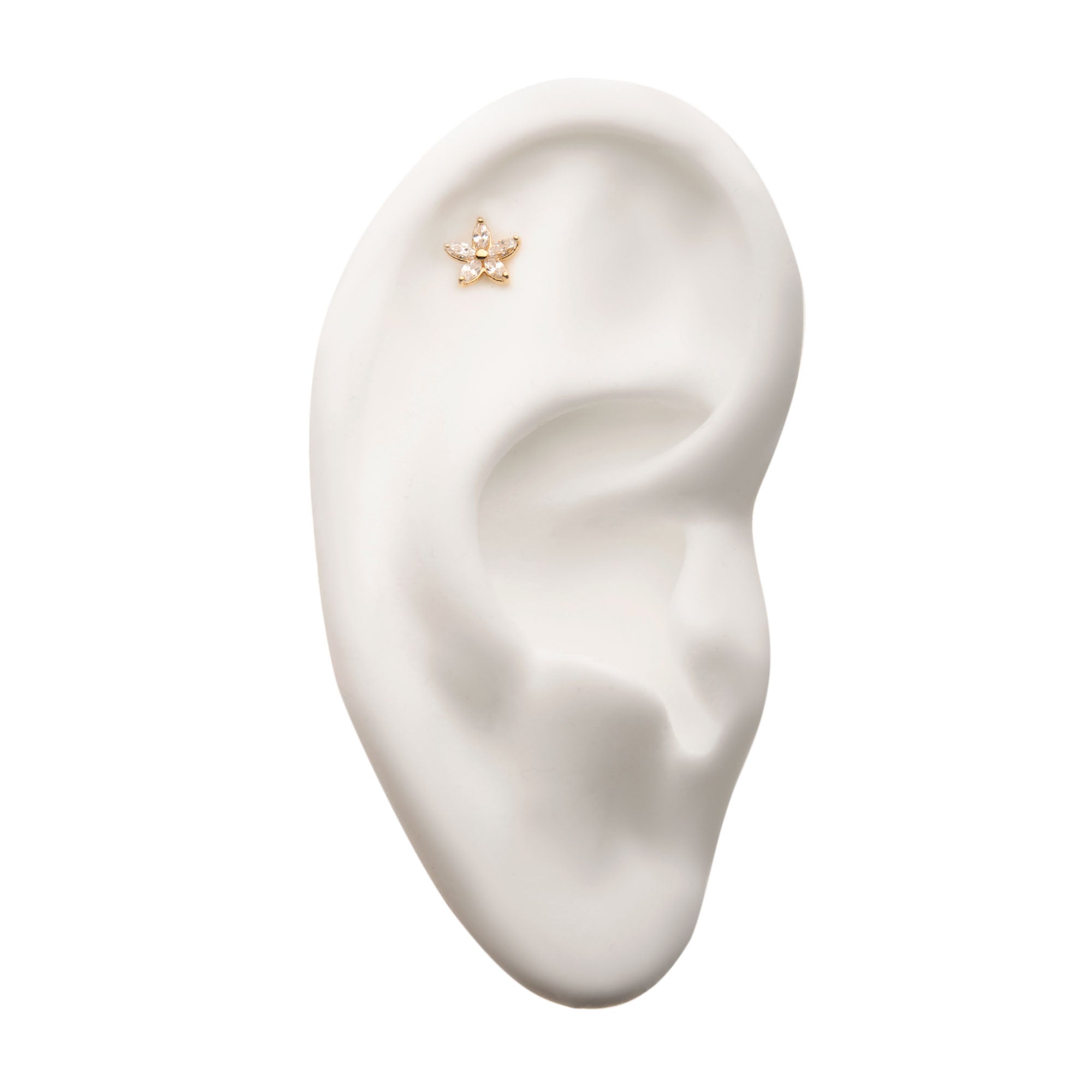 14kt Yellow Gold Threadless Prong Set 5-Clear Gem Flower Top