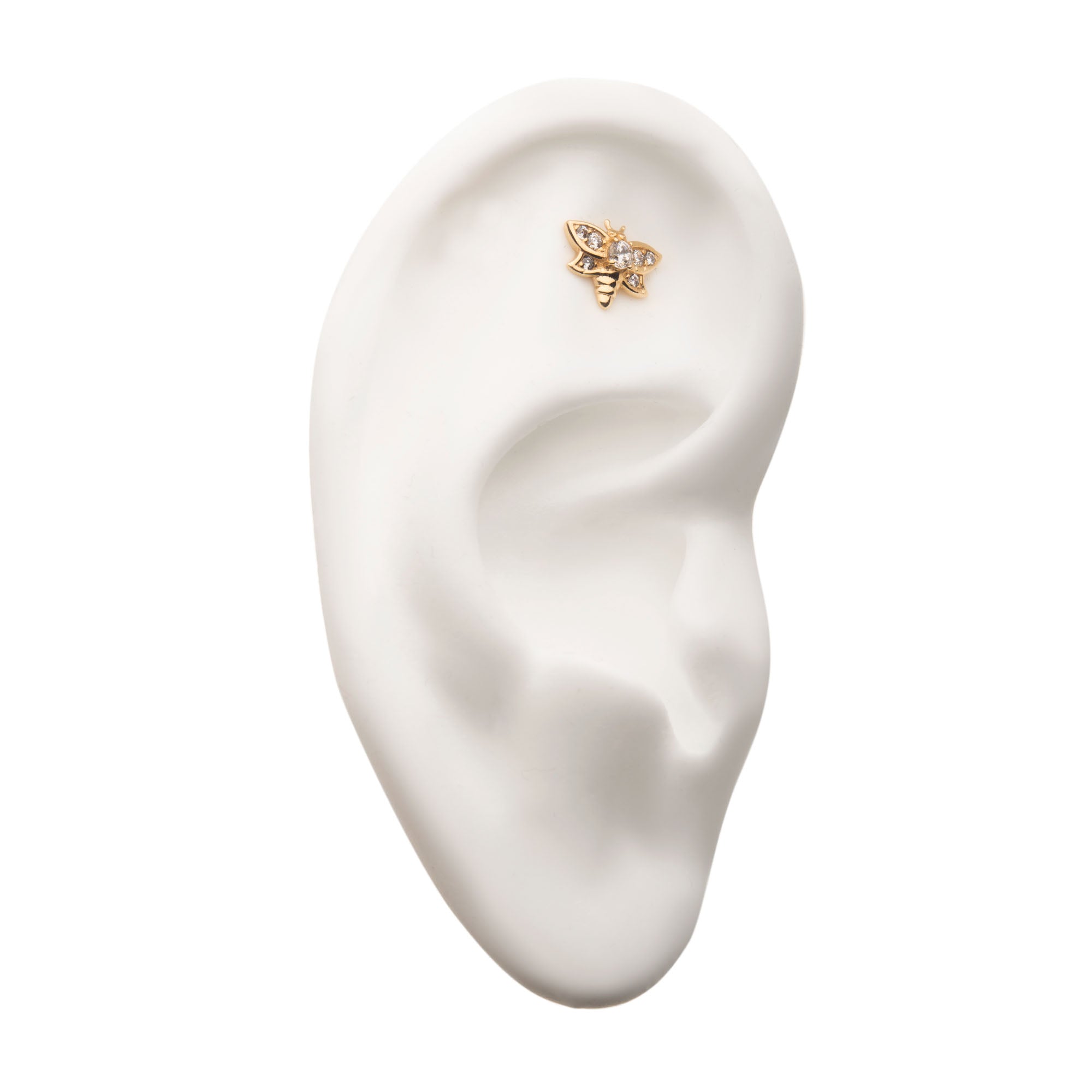 14kt Yellow Gold Threadless Clear CZ Bee Top