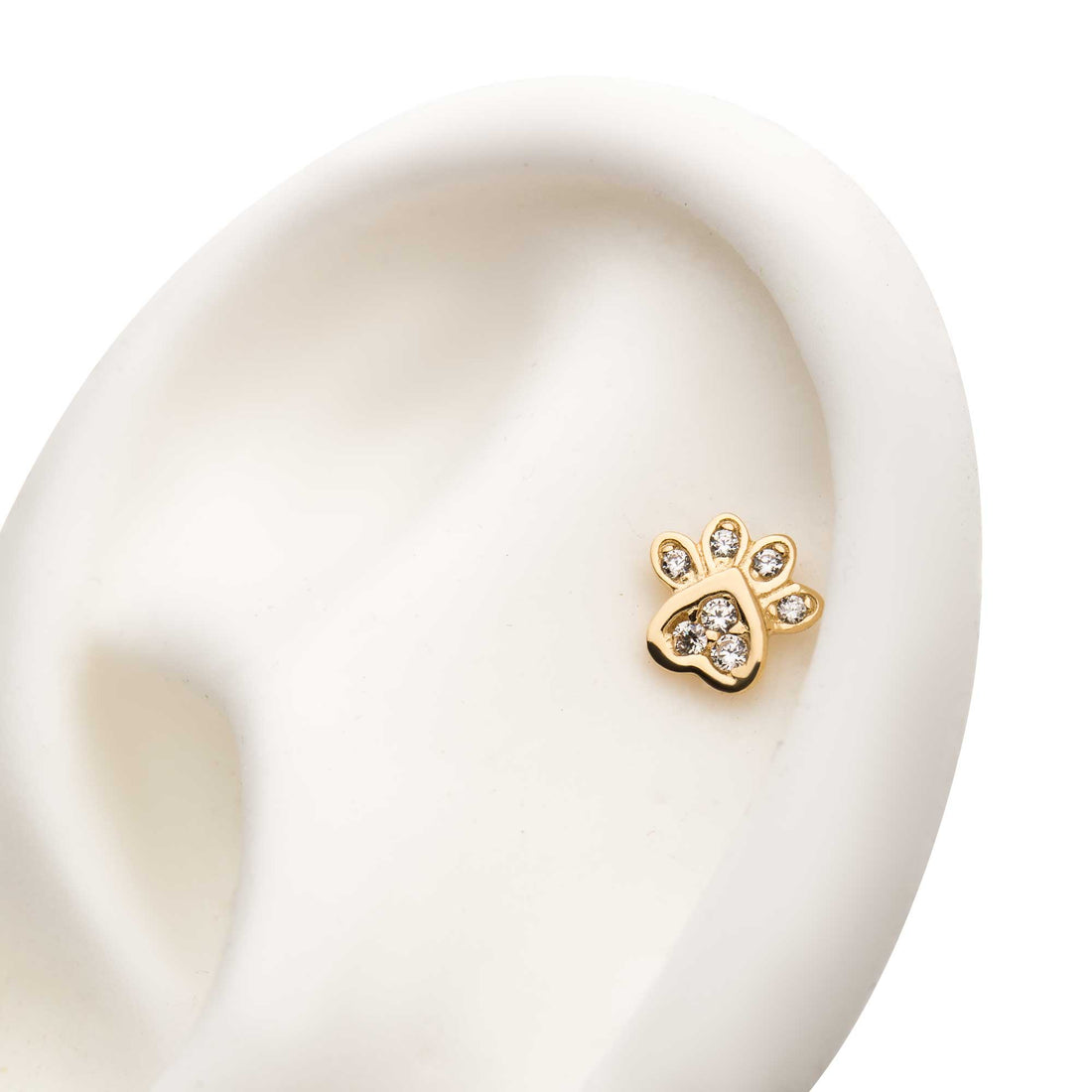 14kt Yellow Gold Threadless Dog Paw Clear CZ Top