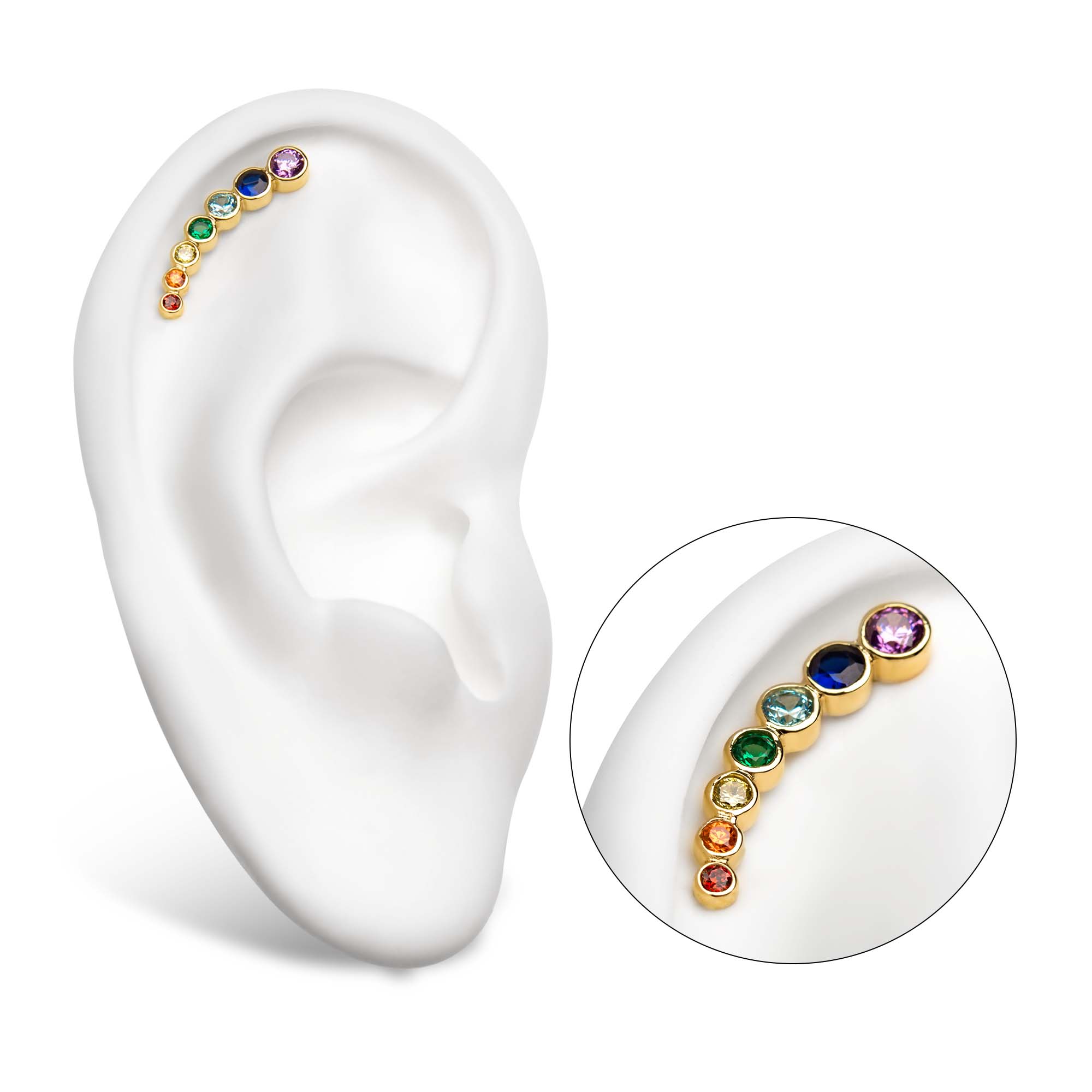 14kt Yellow Gold Threadless Bezel Set  Rainbow CZ 7-Cluster Top (Right Ear)