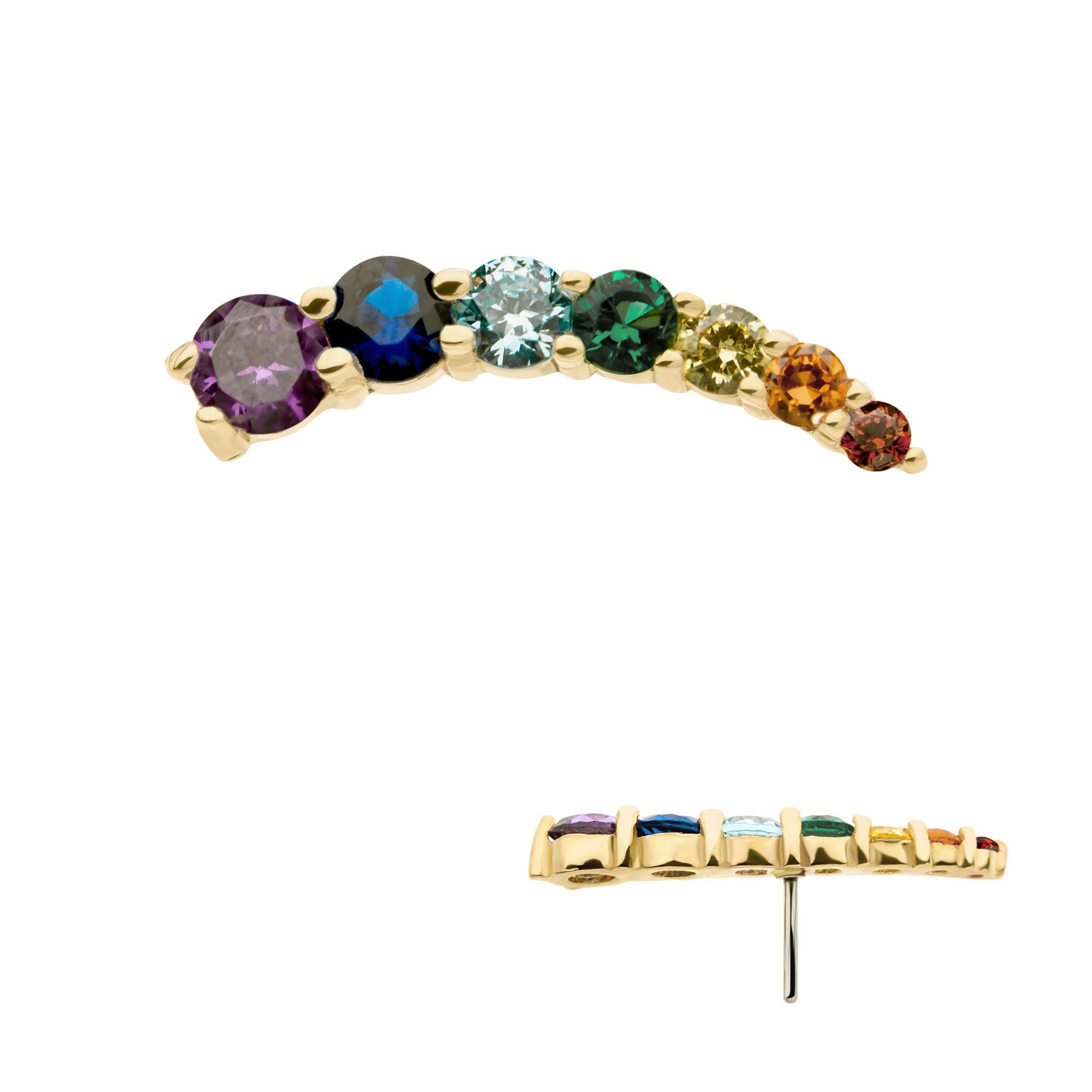 14kt Yellow Gold Threadless Rainbow CZ 7-Cluster Top  (Left Ear)