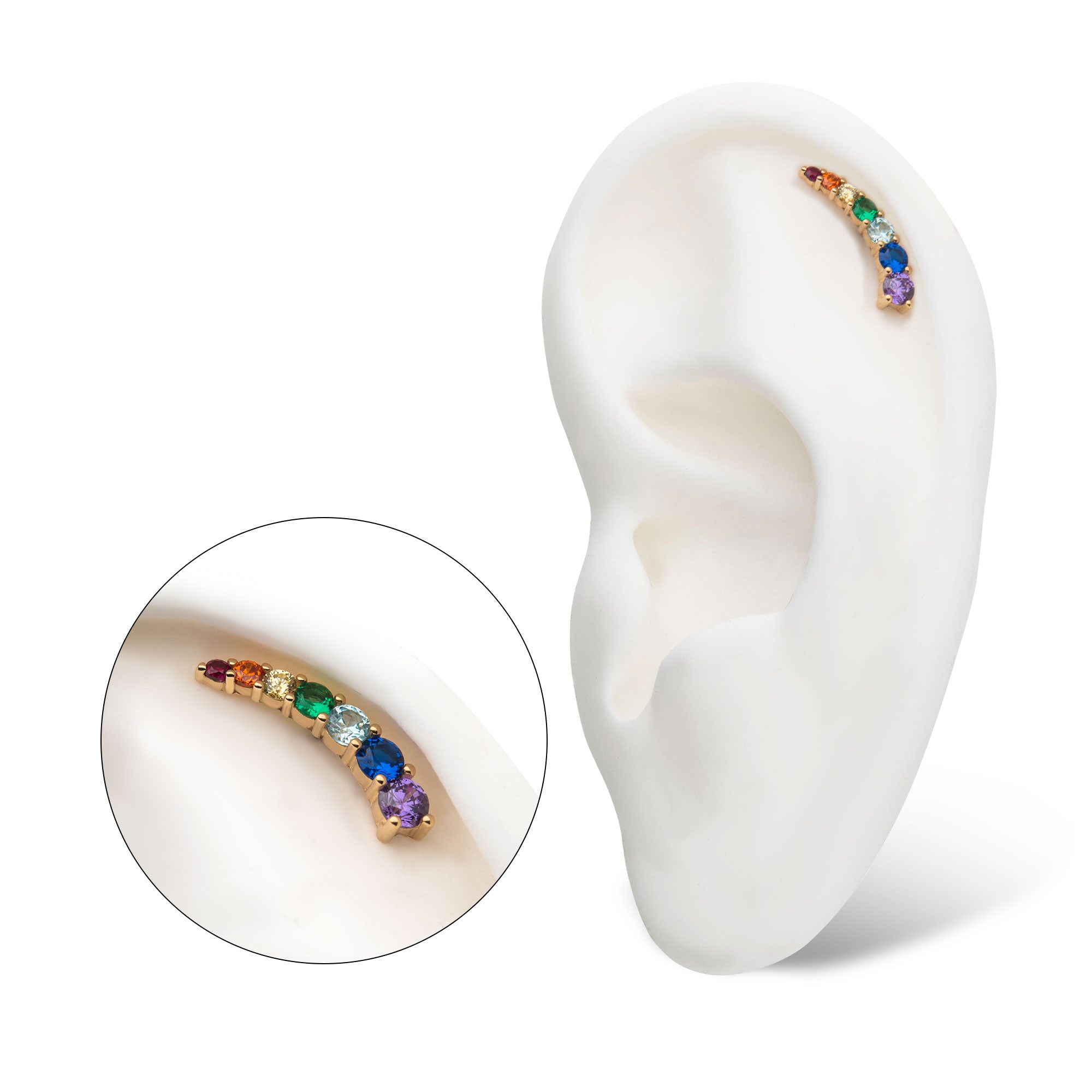 14kt Yellow Gold Threadless Rainbow CZ 7-Cluster Top  (Left Ear)