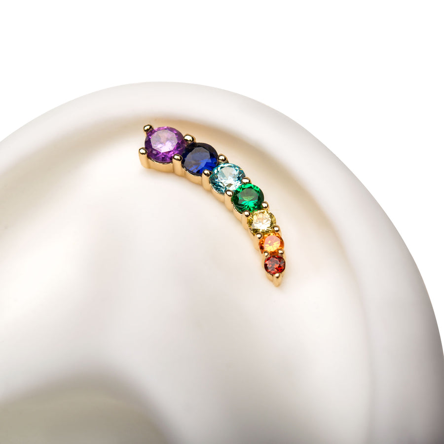 14kt Yellow Gold Threadless Prong Set Rainbow CZ 7-Cluster Top  (Right Ear)