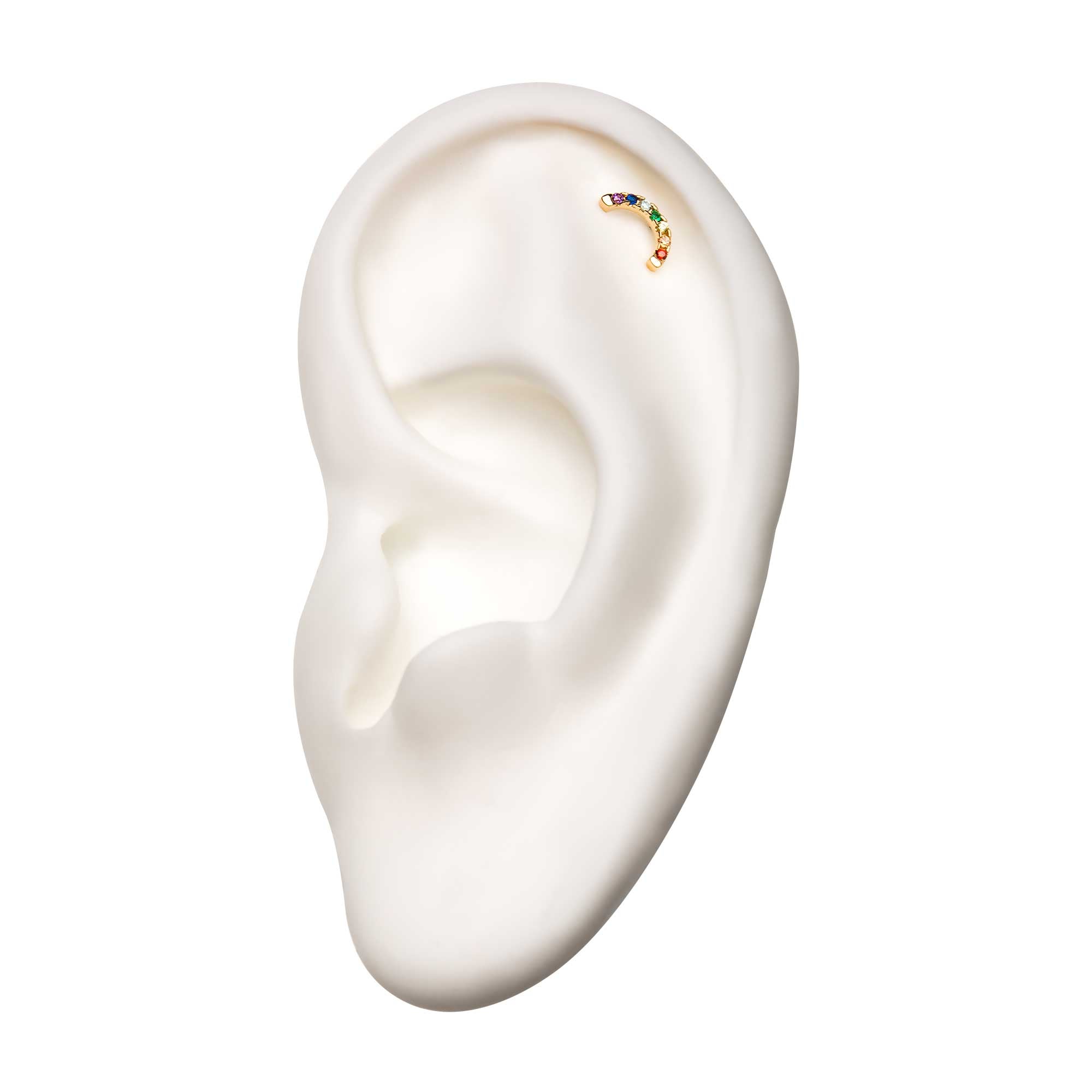 14kt Yellow Gold Threadless Prong Set Rainbow CZ 7-Cluster Arch Top