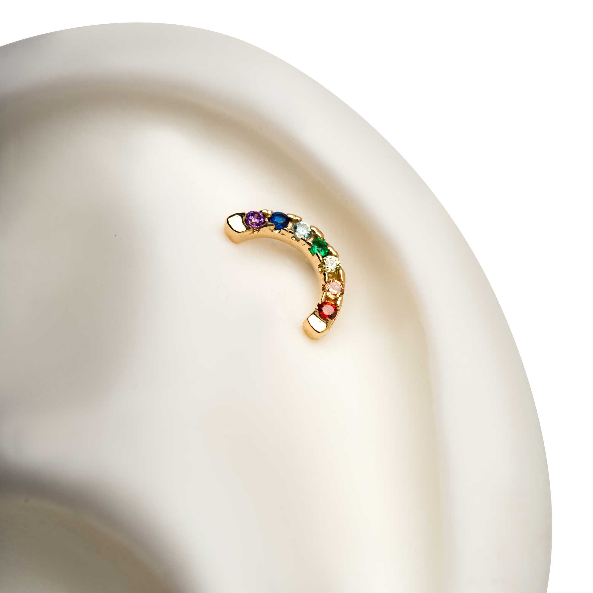 14kt Yellow Gold Threadless Prong Set Rainbow CZ 7-Cluster Arch Top