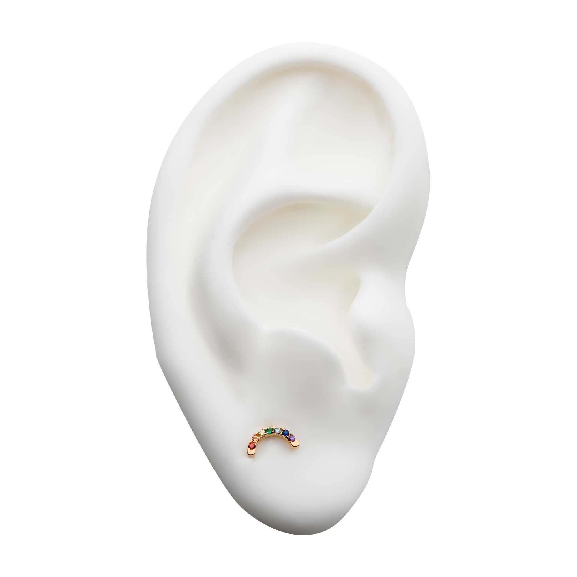 14kt Yellow Gold Threadless Prong Set Rainbow CZ 7-Cluster Arch Top