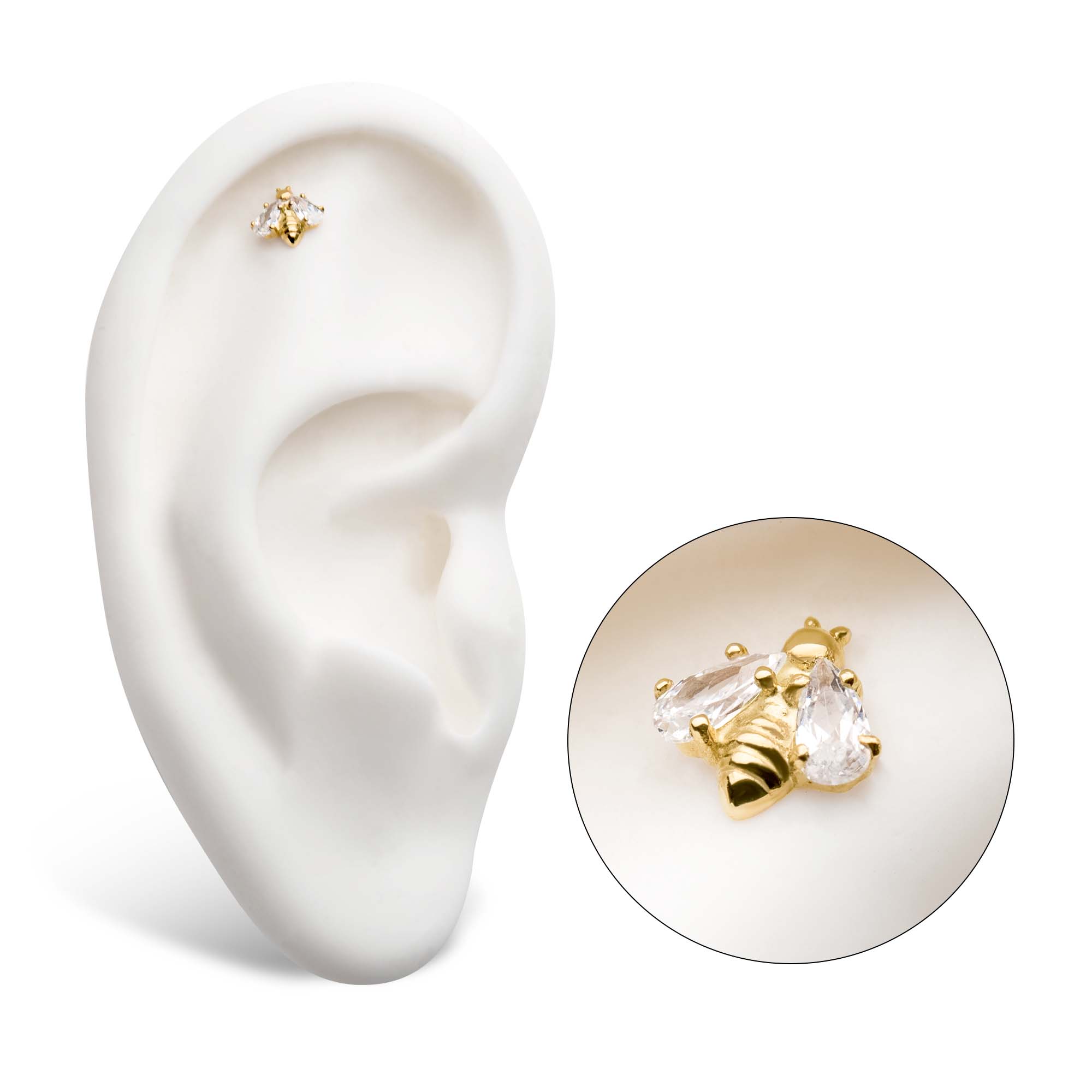 14kt Yellow Gold Threadless 4-Prong Set Teardrop CZ Bee Top