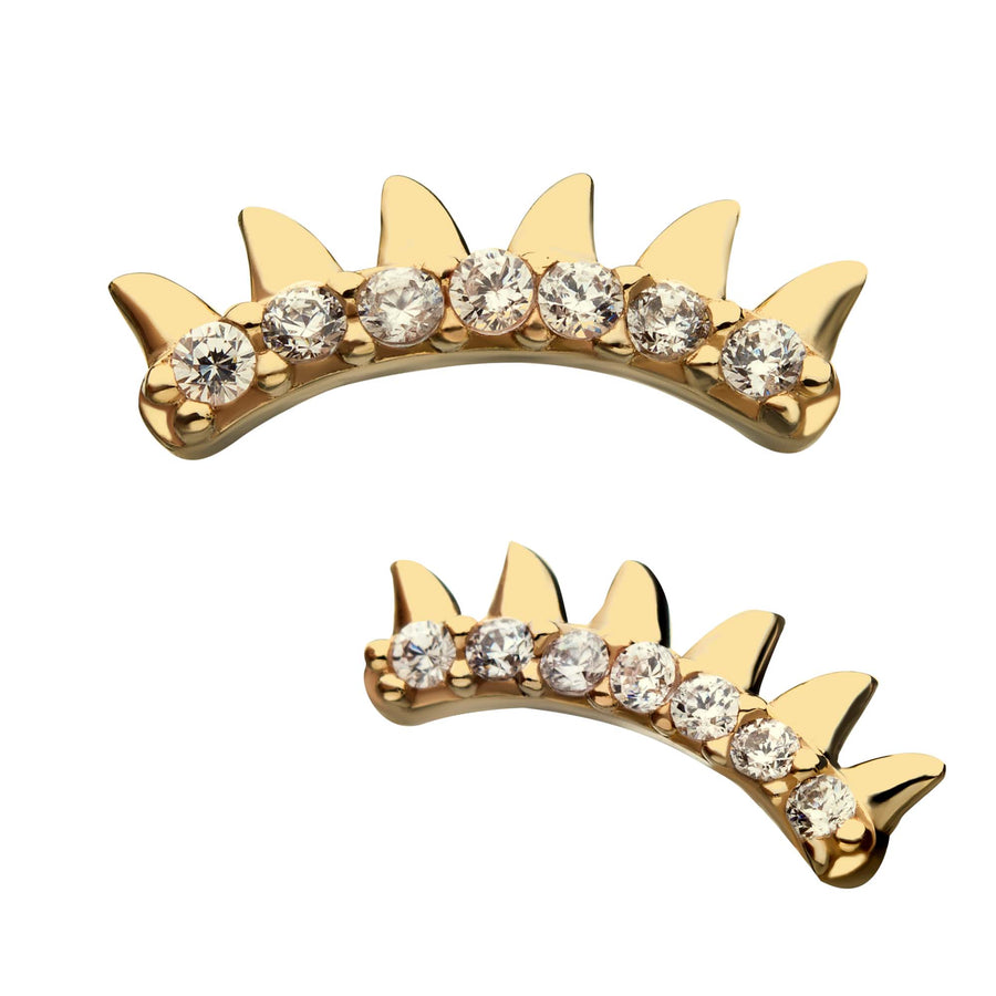 14kt Yellow Gold Threadless Petite Spike Strip 1.3mm Clear CZ Gems on Curved Design Top