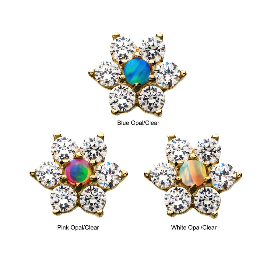 14kt Yellow Gold Threadless 6-CZ Clear Gems and Synthetic Opal Top