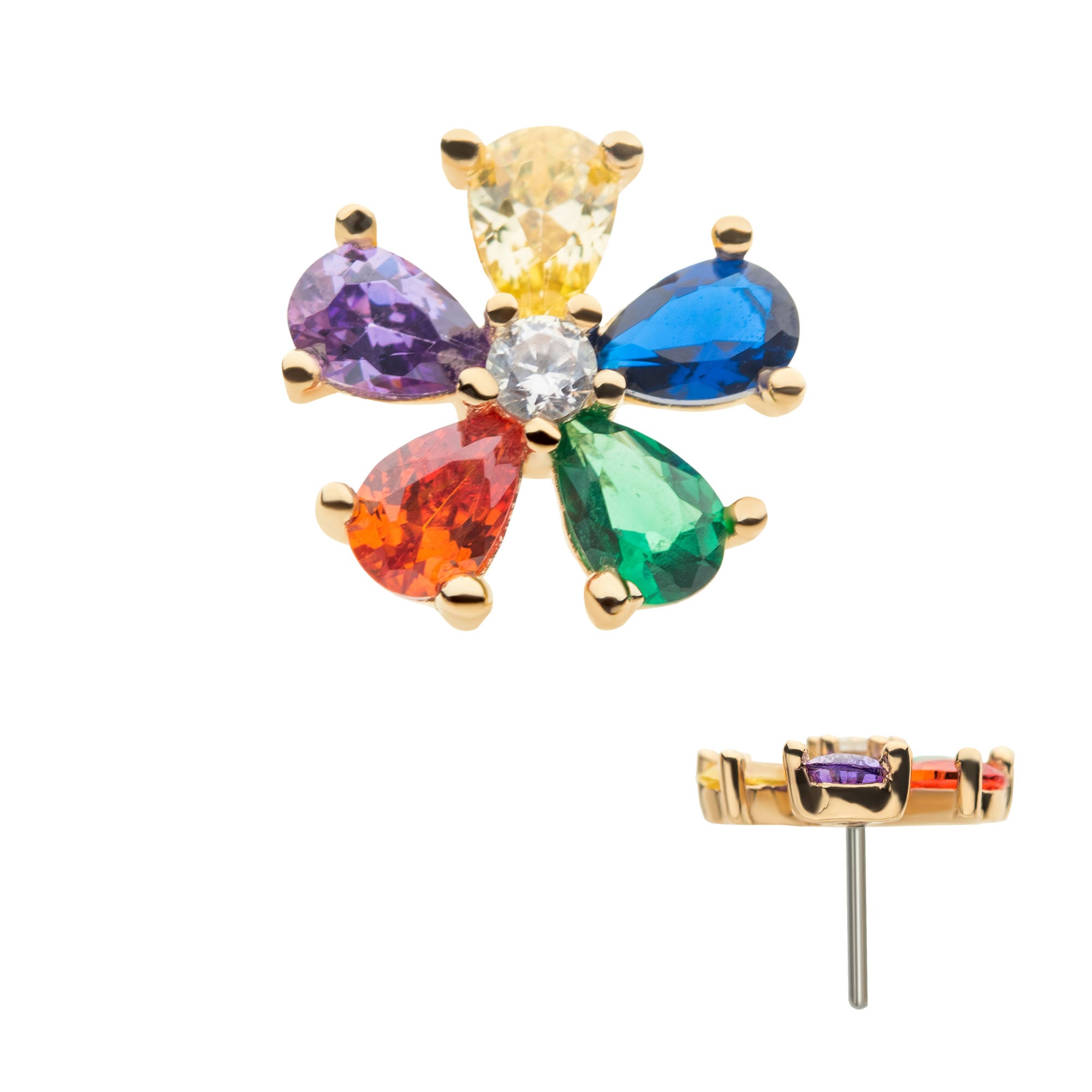 14kt Yellow Gold Threadless Prong Set 5pcs Teardrop Rainbow CZ Flower Top