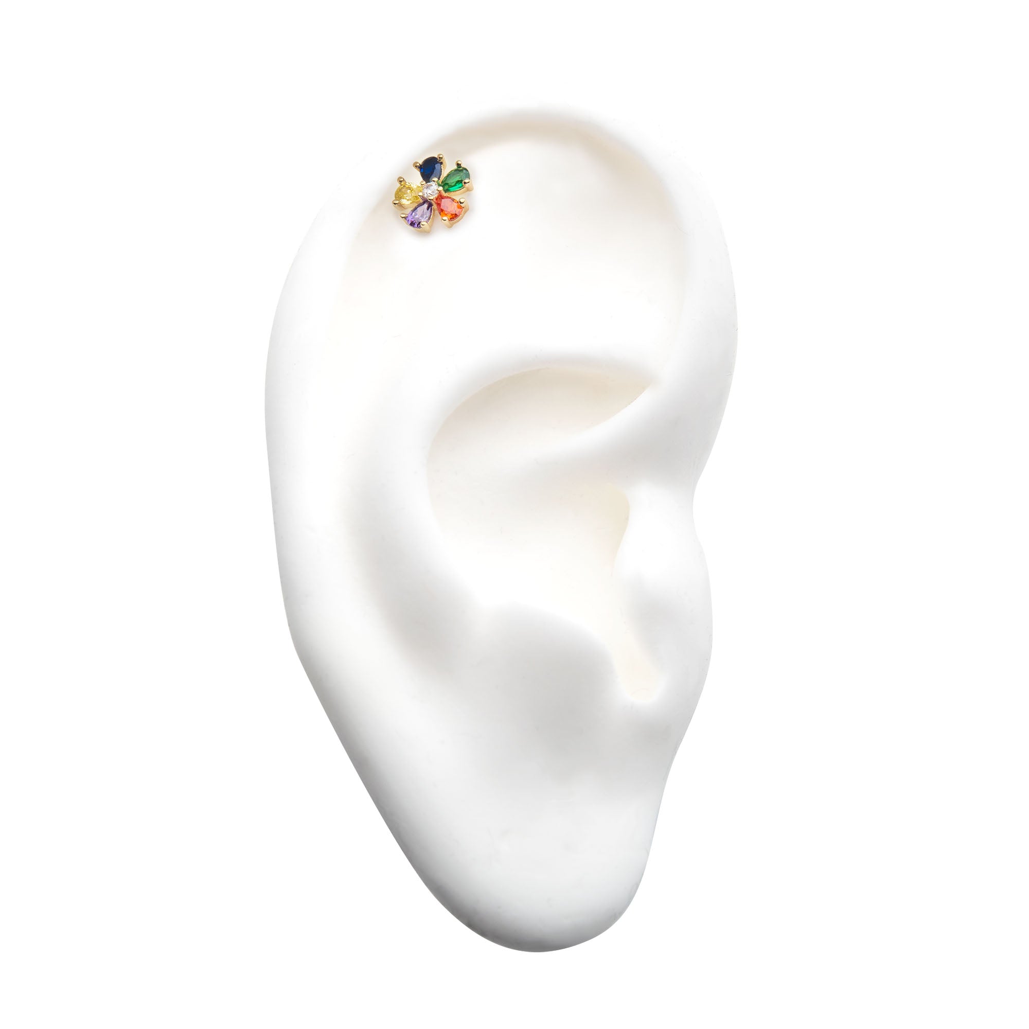 14kt Yellow Gold Threadless Prong Set 5pcs Teardrop Rainbow CZ Flower Top