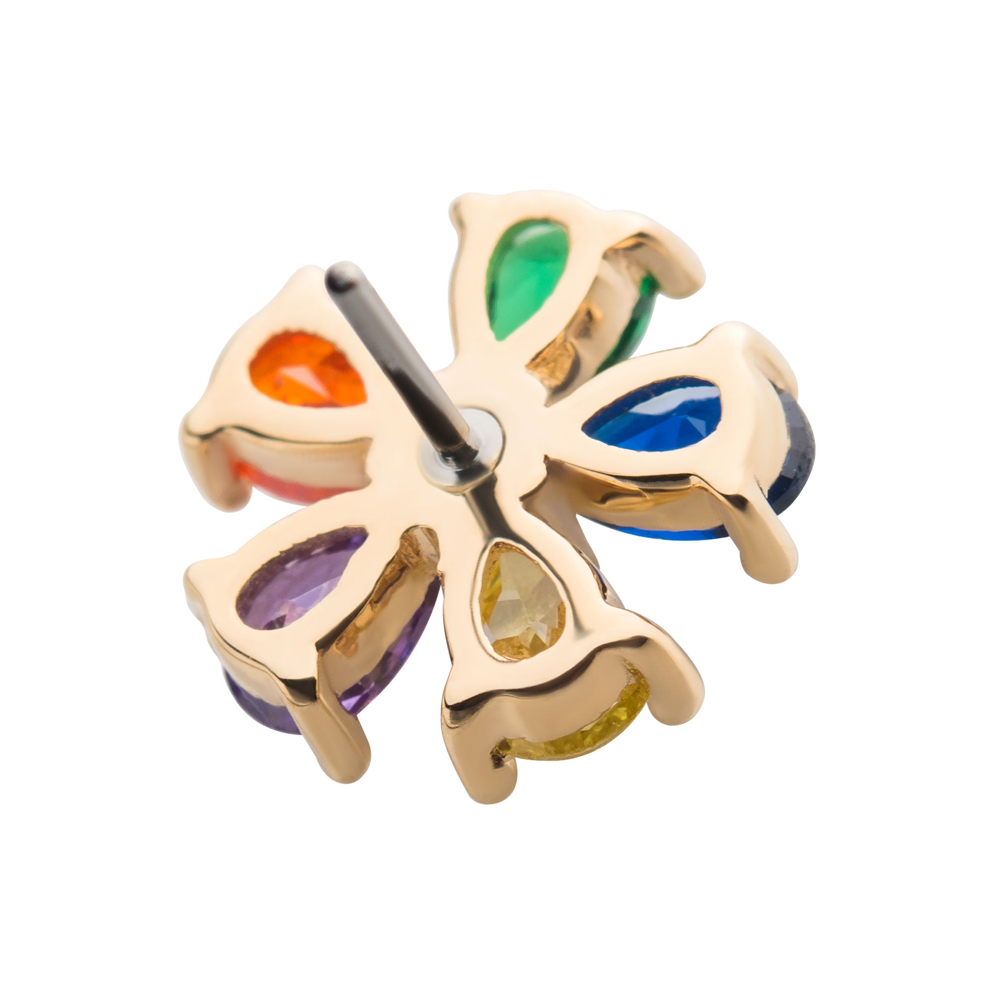 14kt Yellow Gold Threadless Prong Set 5pcs Teardrop Rainbow CZ Flower Top