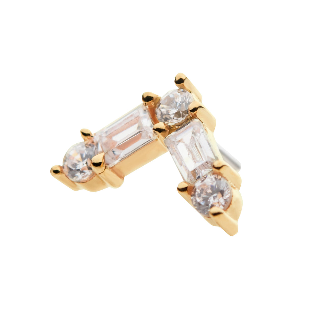 14kt Yellow Gold Threadless Prong Set Round and Baguette Clear CZ Triangle Top