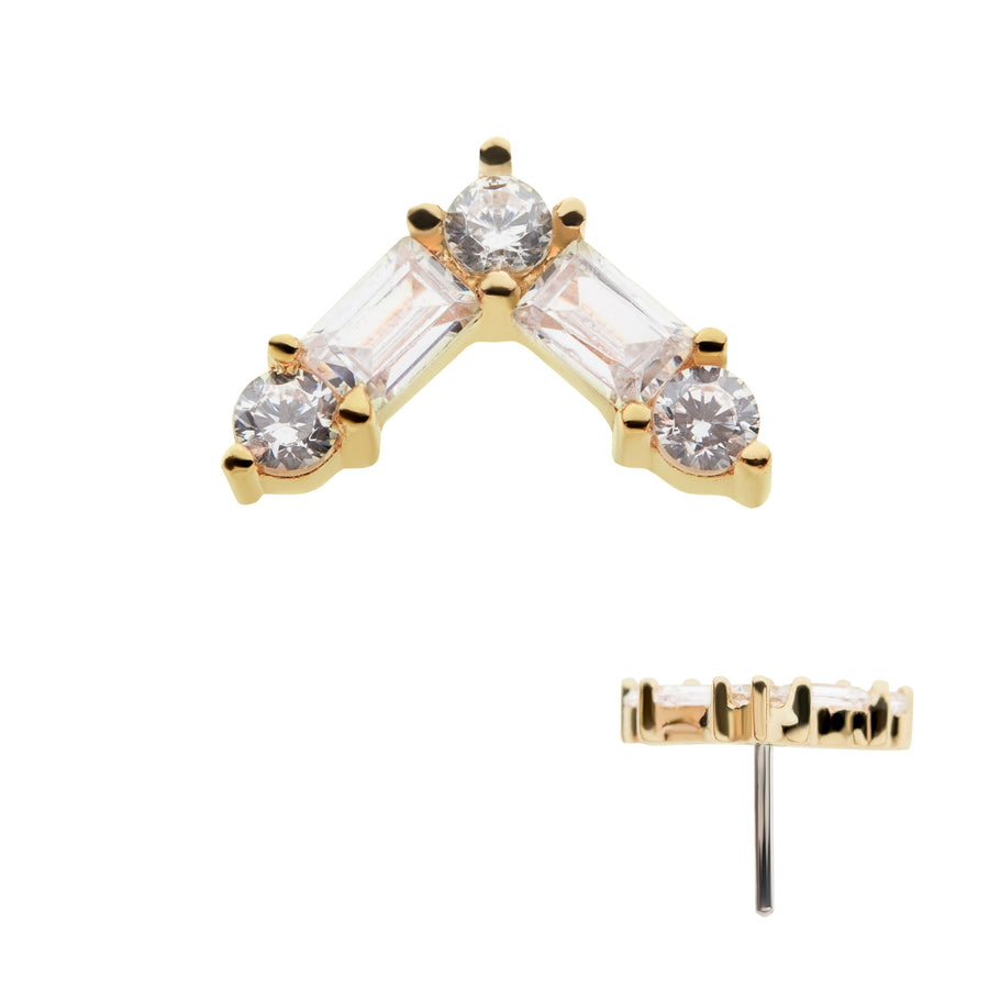 14kt Yellow Gold Threadless Prong Set Round and Baguette Clear CZ Triangle Top