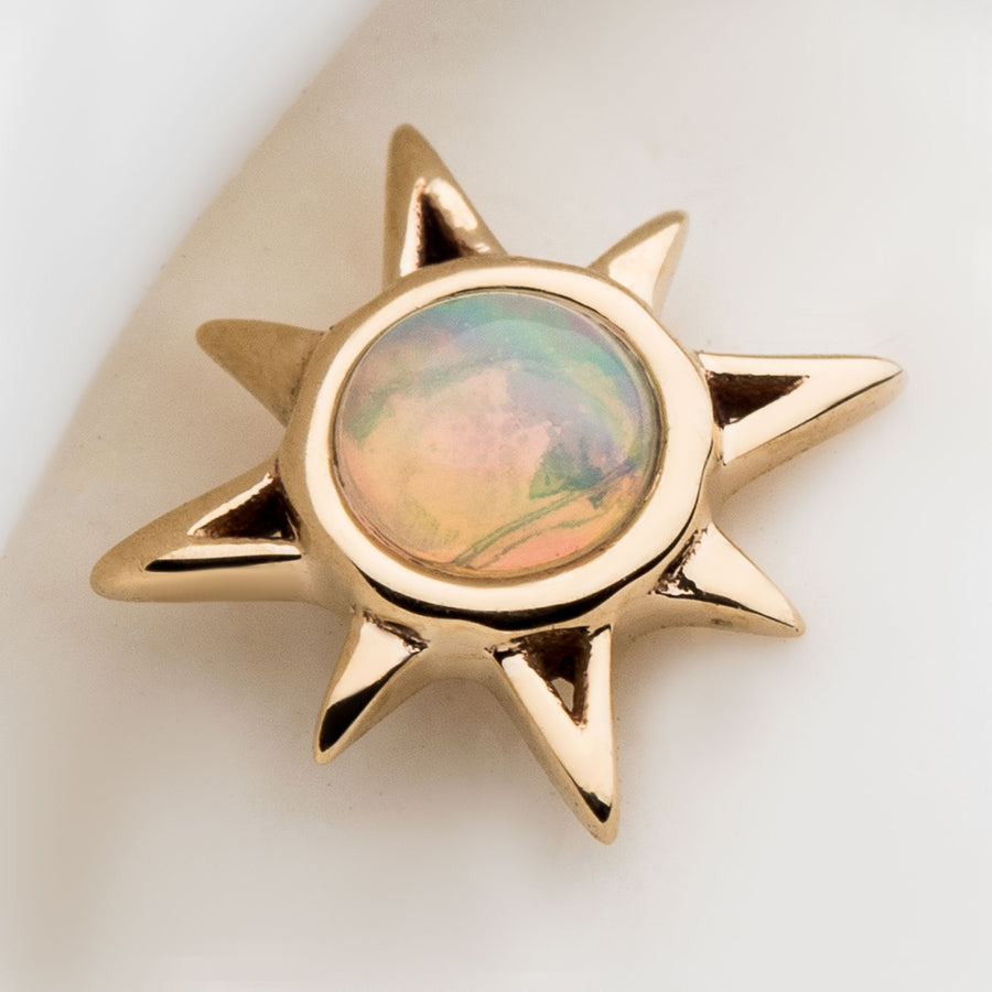 14kt Yellow Gold Threadless Round White Synthetic Opal Sunburst Top