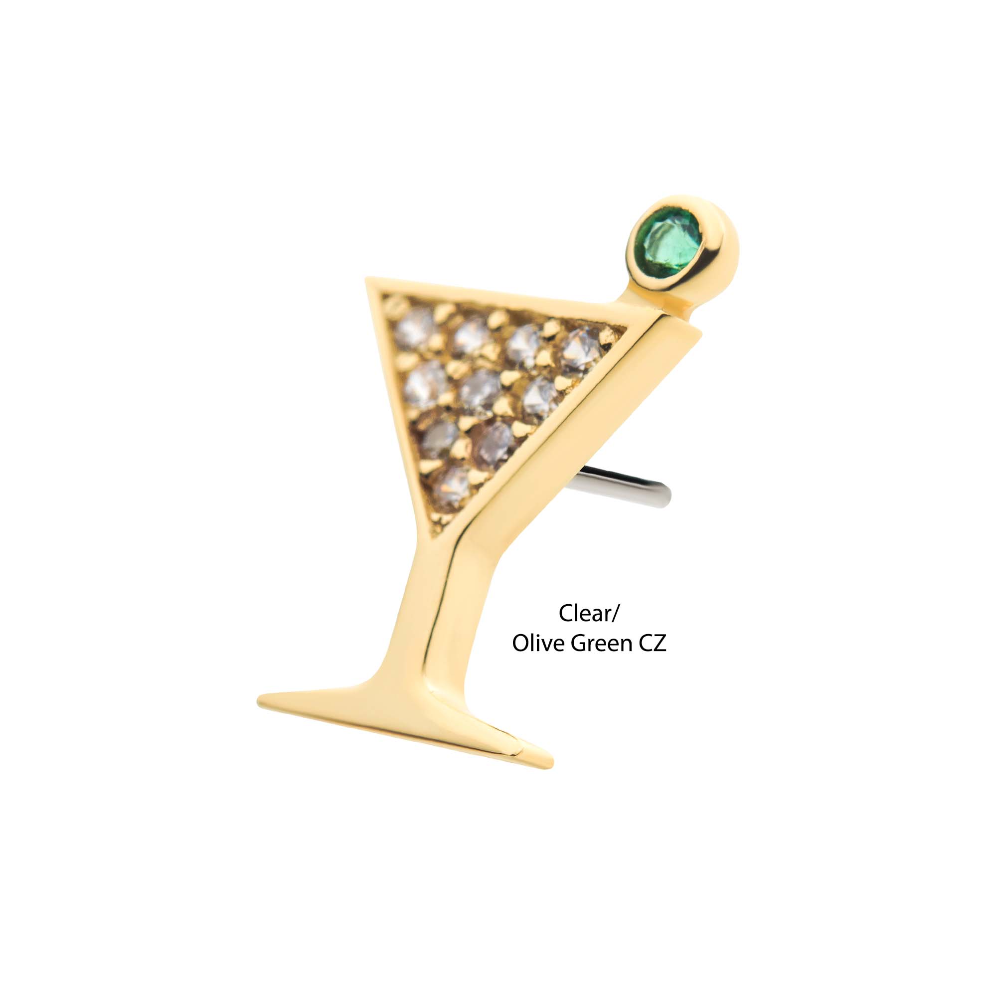 14kt Yellow Gold Threadless Pave Set Round Clear CZ and Olive Green CZ Martini Top