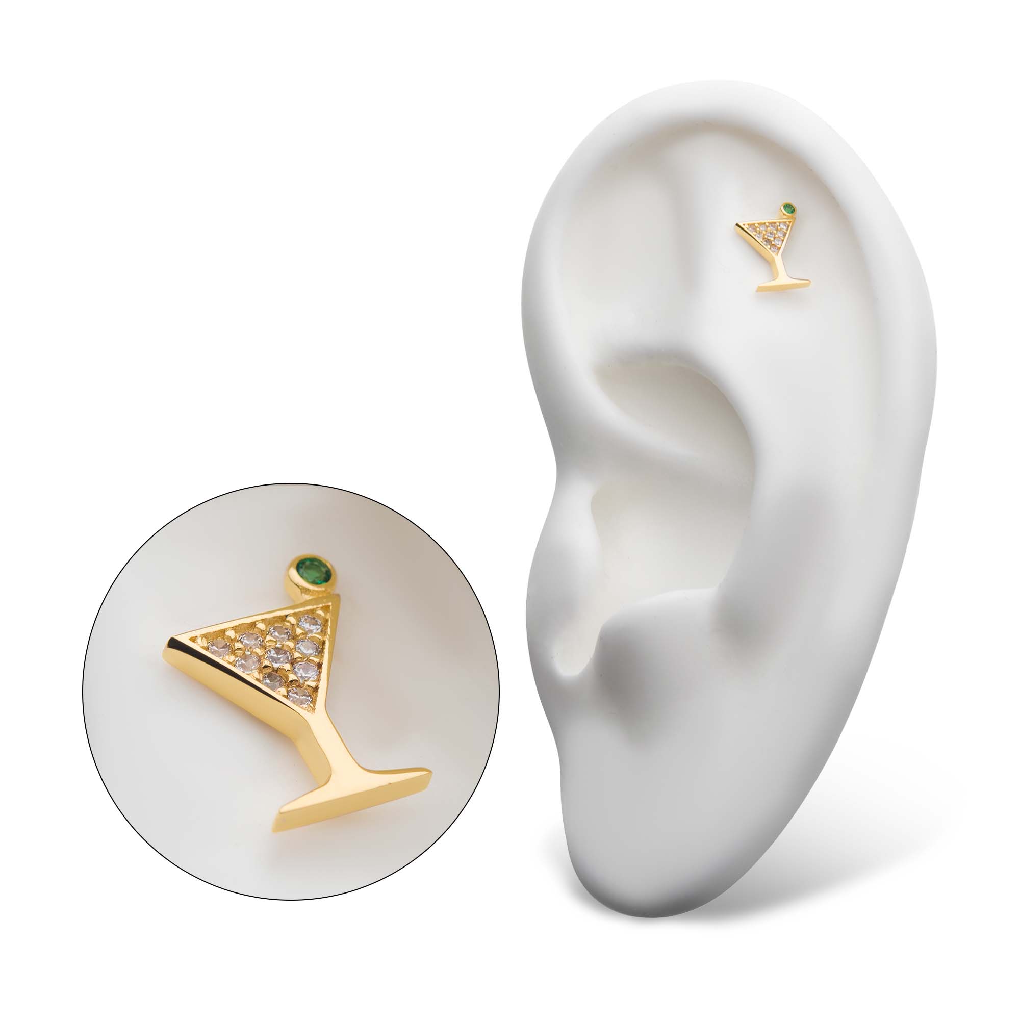 14kt Yellow Gold Threadless Pave Set Round Clear CZ and Olive Green CZ Martini Top