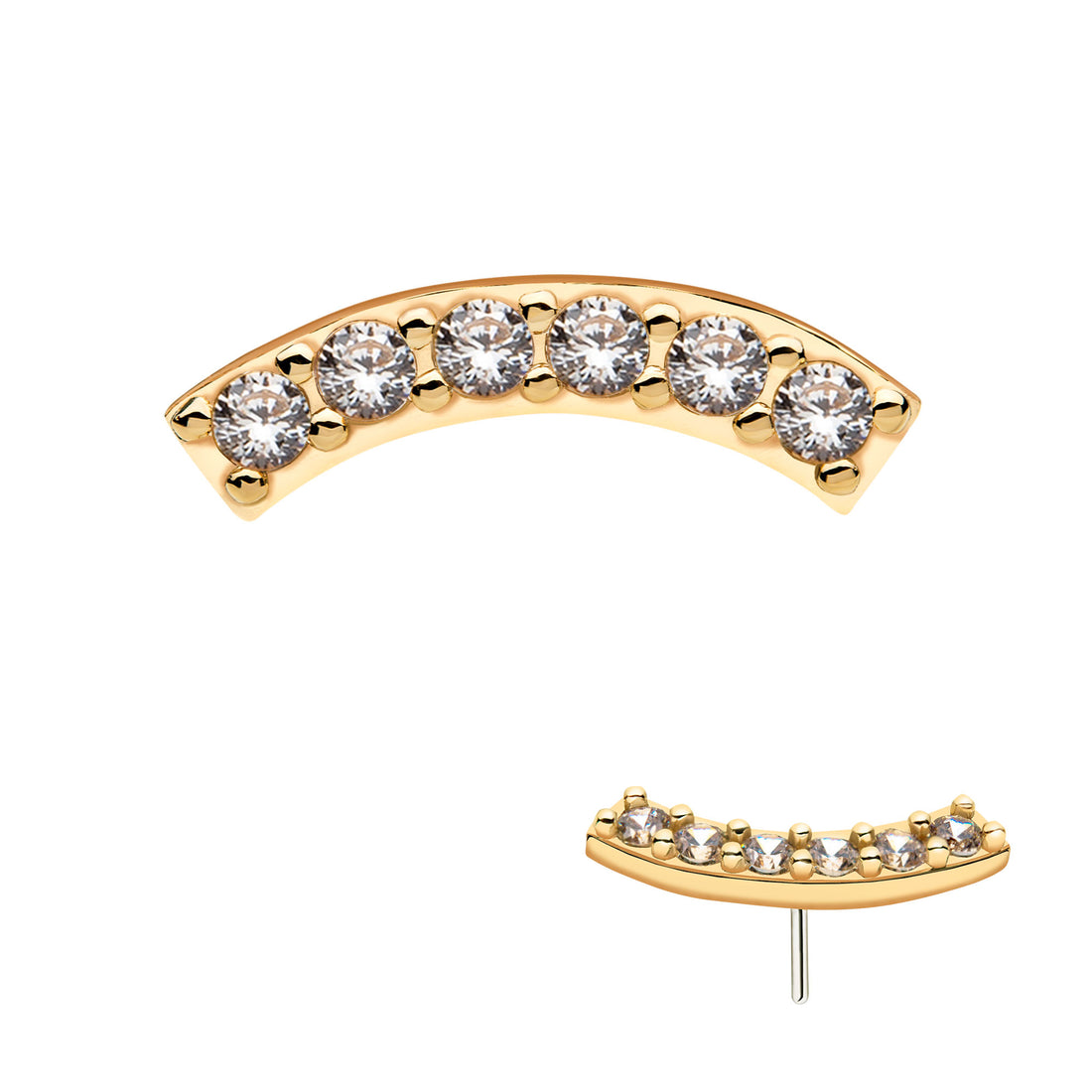 14kt Yellow Gold Threadless with Prong Set Clear CZ 6-Cluster Curved Bar Top