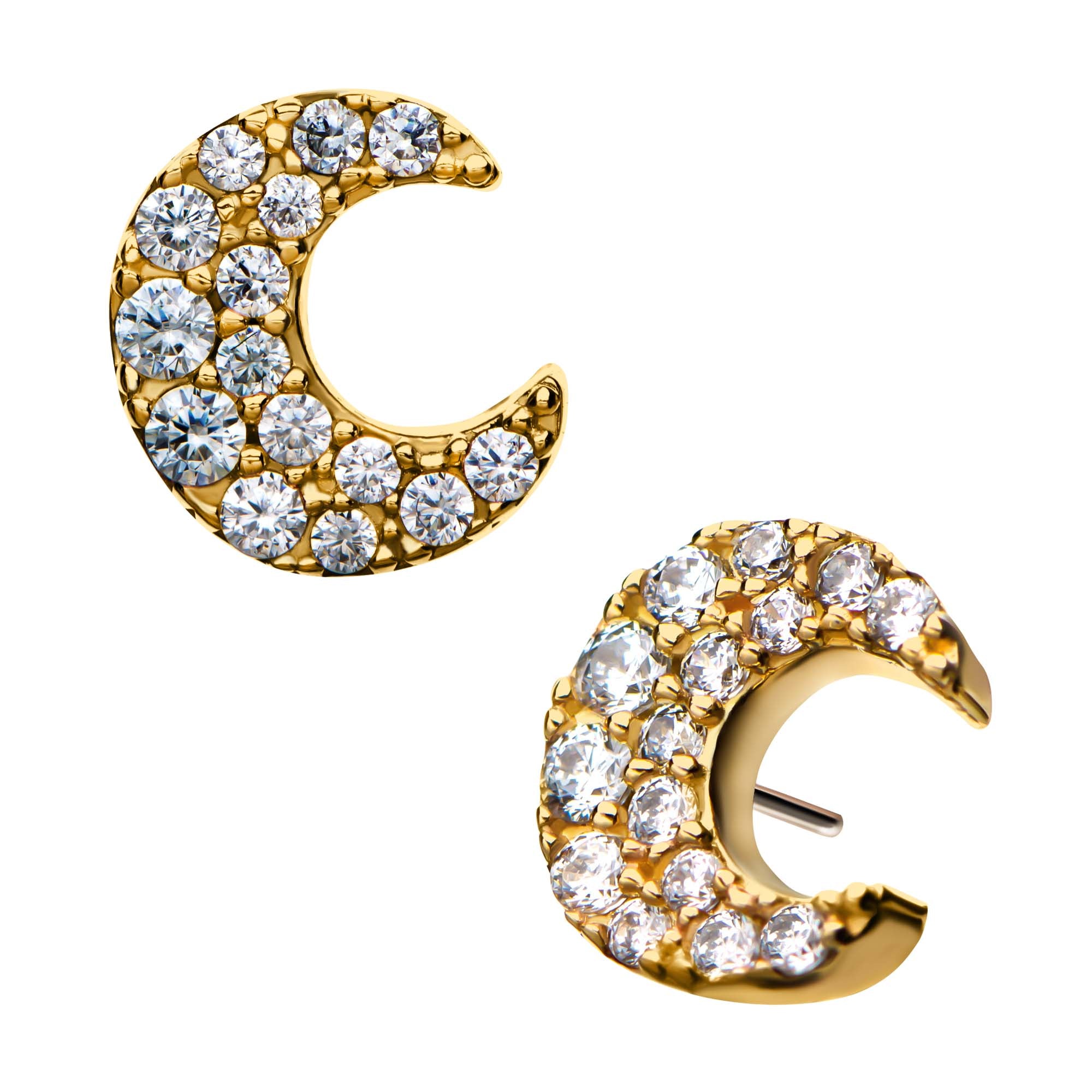 14kt Yellow Gold Threadless Pave Set Multi-Clear CZ Crescent Moon Top