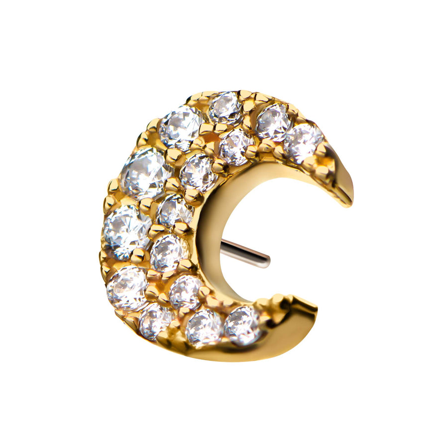 14kt Yellow Gold Threadless Pave Set Multi-Clear CZ Crescent Moon Top