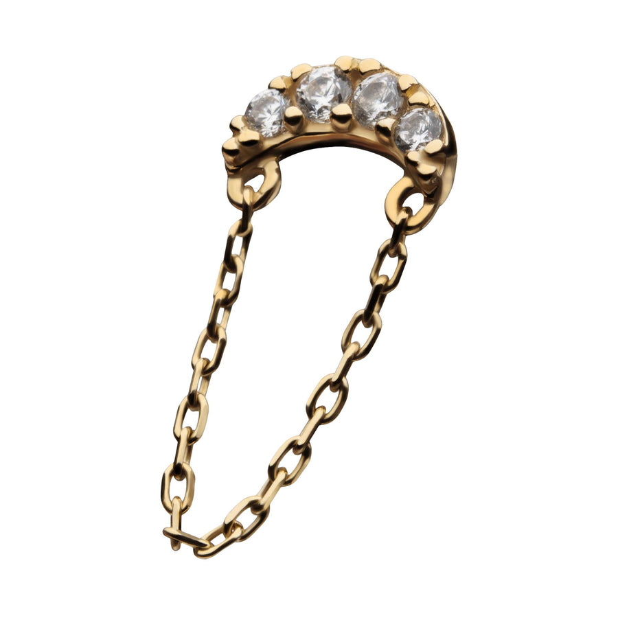 14kt Yellow Gold Threadless Clear CZ Crescent Moon Top with Dangling Chain