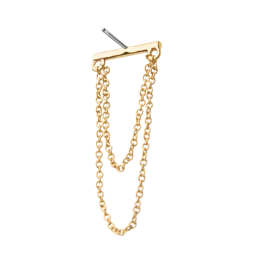 14kt Yellow Gold Threadless Bar Top with 2 Dangling Chains