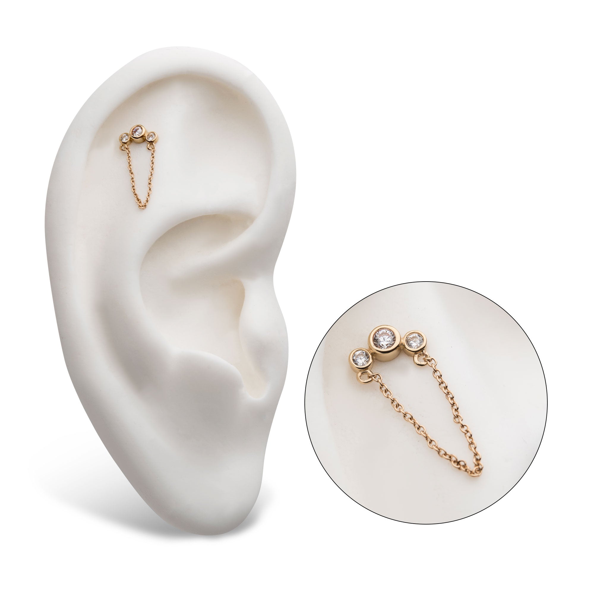 14kt Yellow Gold Threadless Bezel Set CZ 3-Cluster Top with Dangling Chain