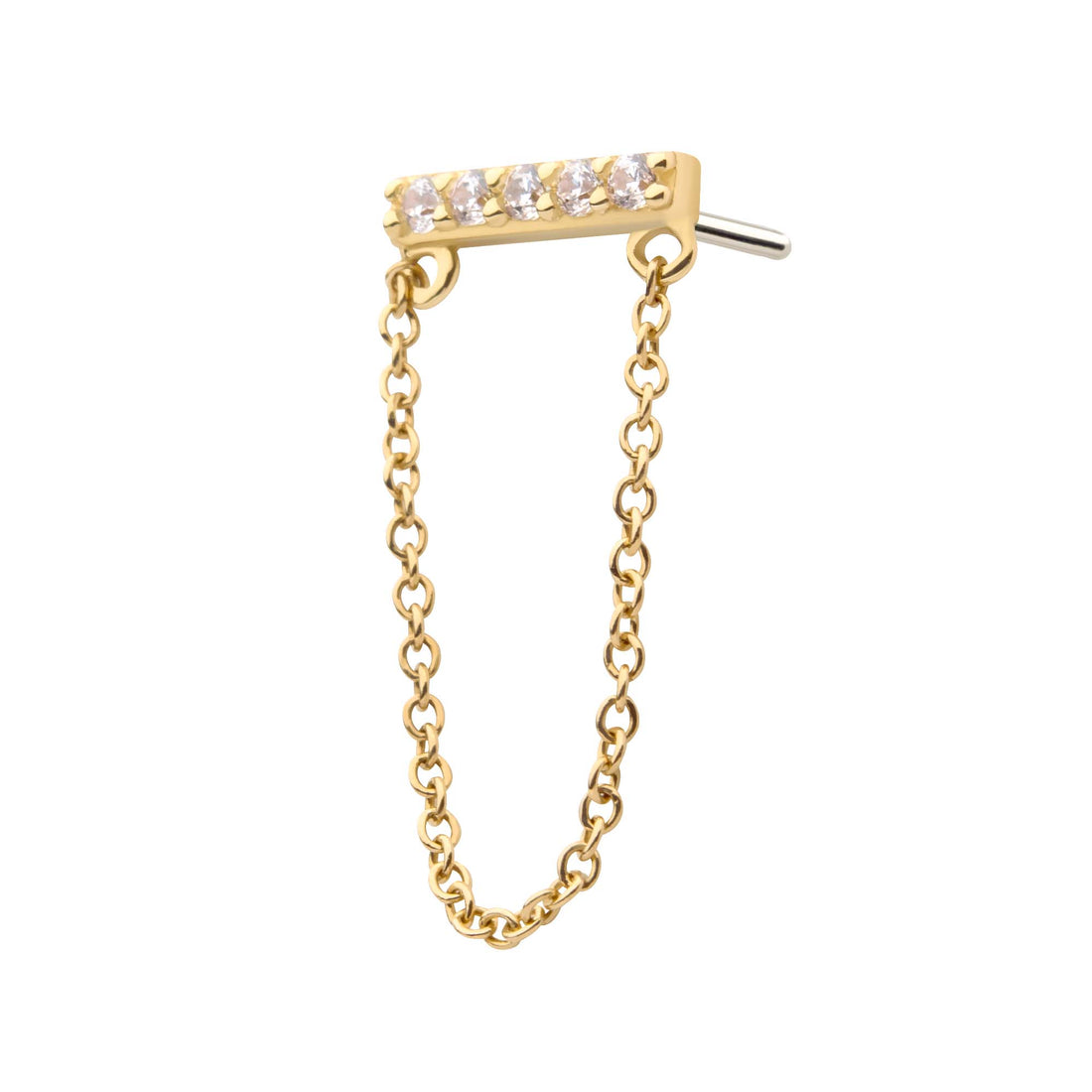 14kt Yellow Gold Threadless 5-Prong Set CZ Bar Top with Dangling Chain