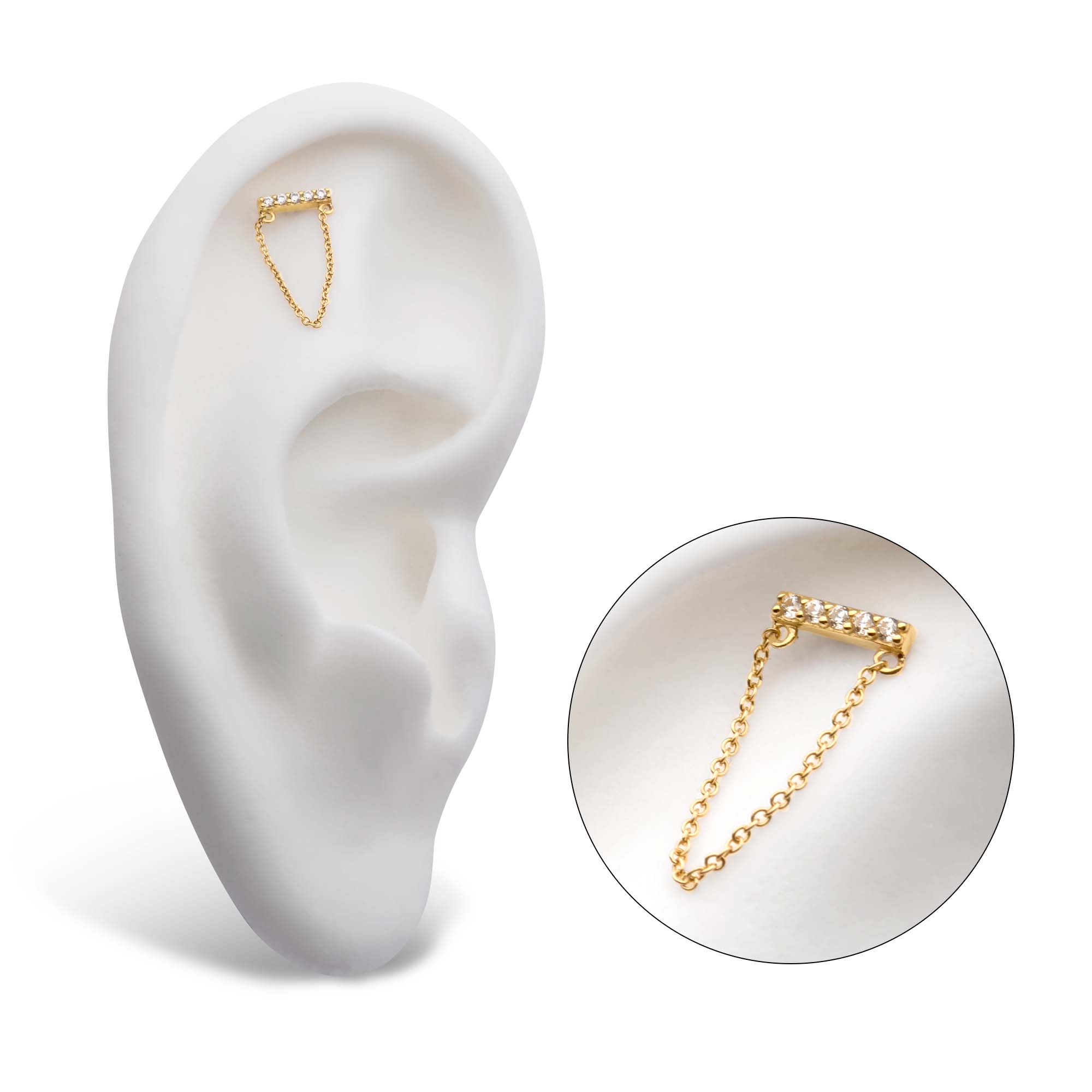 14kt Yellow Gold Threadless 5-Prong Set CZ Bar Top with Dangling Chain