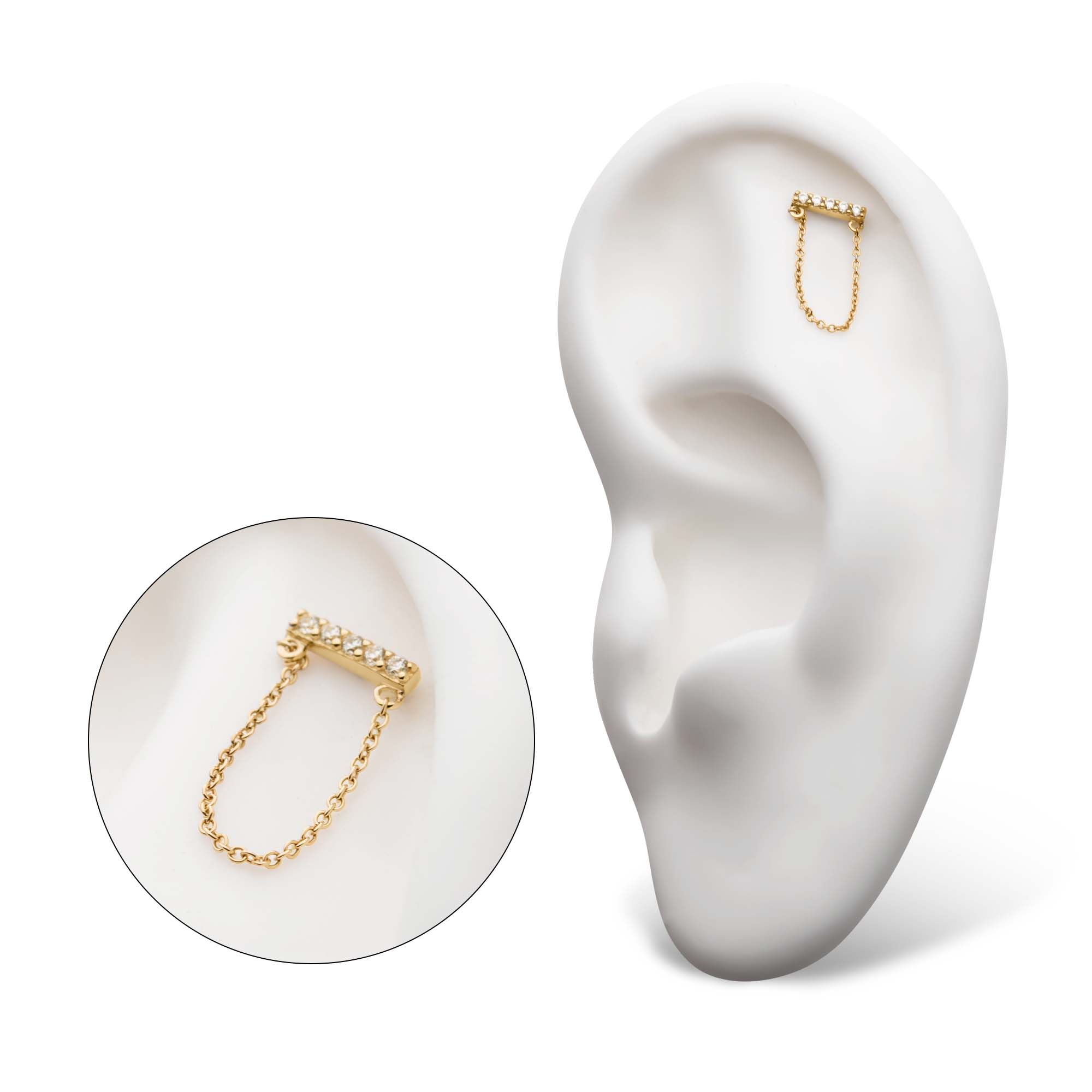 14kt Yellow Gold Threadless 5-Prong Set CZ Bar Top with Dangling Chain