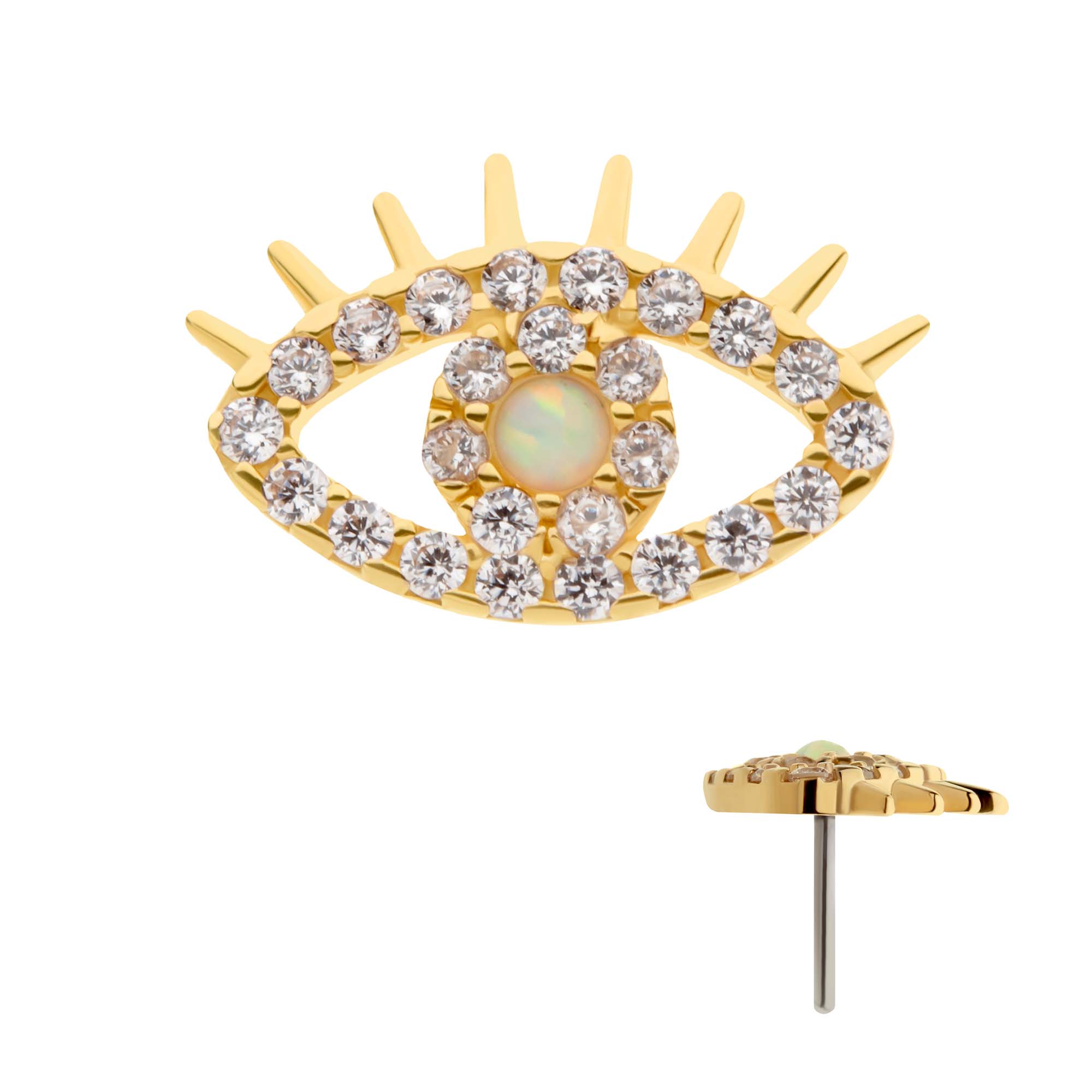 14kt Yellow Gold Threadless Full Clear CZ Opal Evil Eye Top