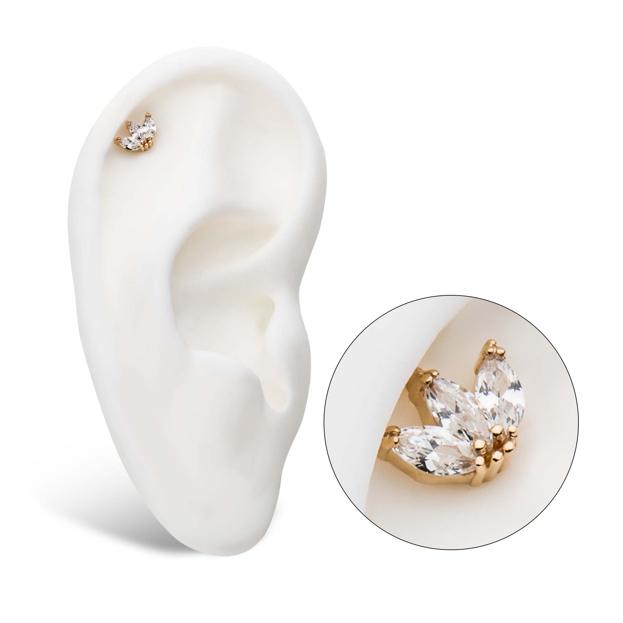 14kt Yellow Gold Threadless Tri-bead Marquise Clear CZ Cluster Top