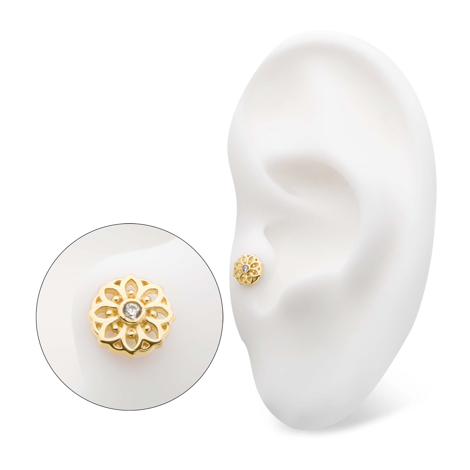 14kt Yellow Gold Threadlesss CZ Mandala Flower Top